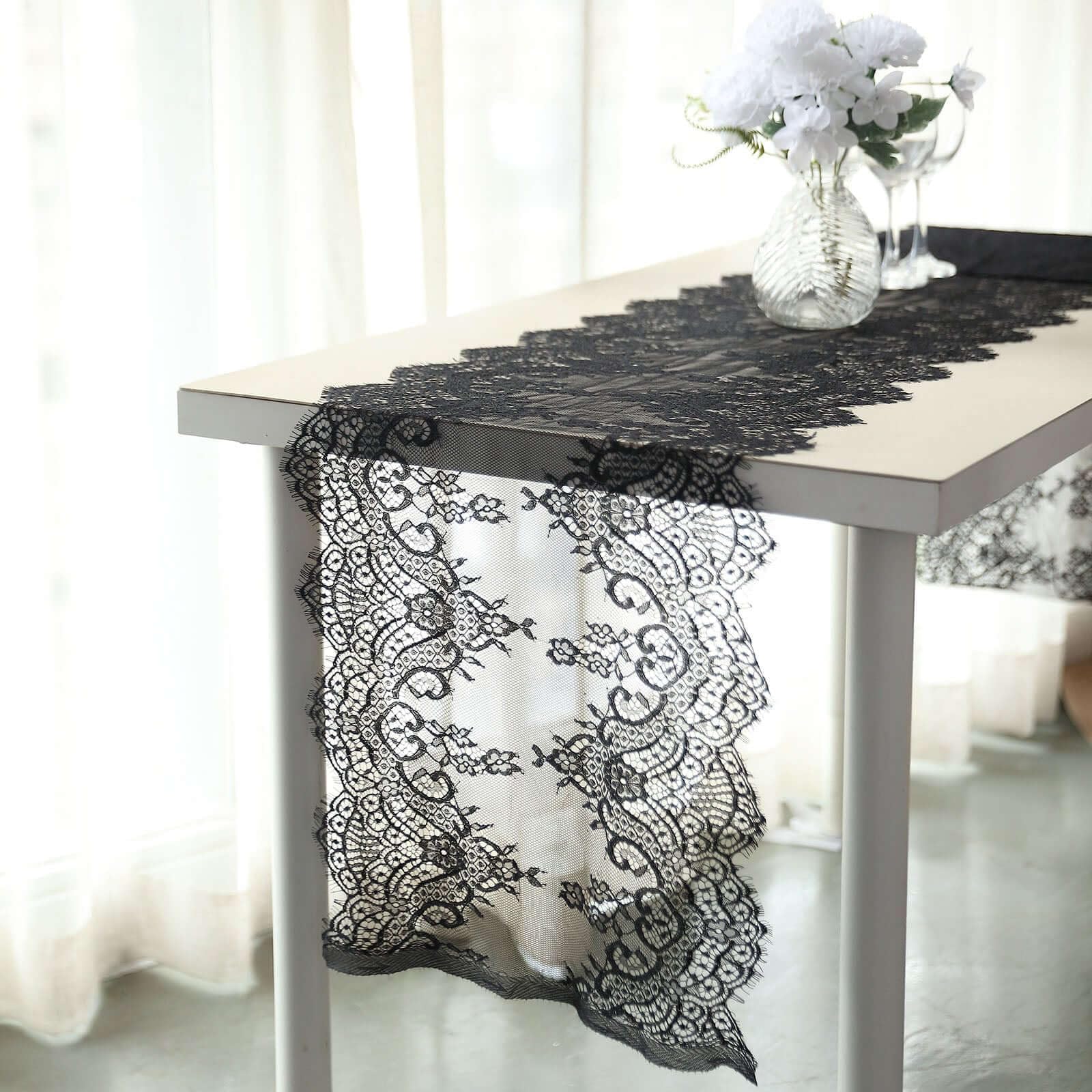 Tableclothsfactory 15"x117" Black Premium Lace Table Runner Vintage Classy Rustic Runner Decor with Scalloped Frill Edges - Image 5
