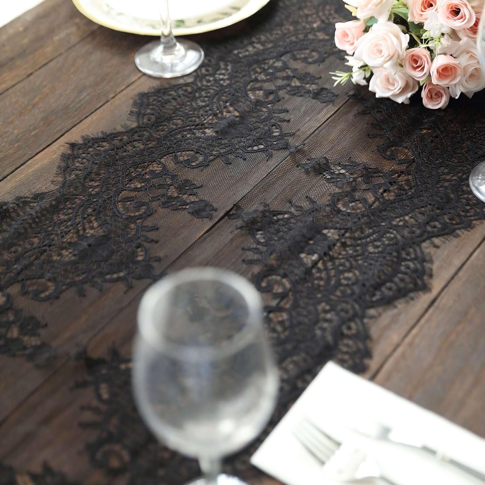 Tableclothsfactory 15"x117" Black Premium Lace Table Runner Vintage Classy Rustic Runner Decor with Scalloped Frill Edges - Image 6