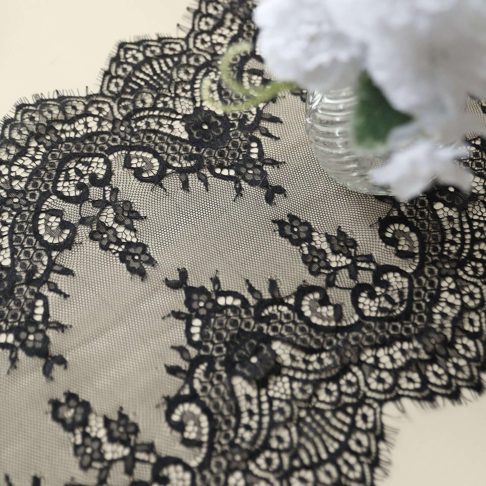 Tableclothsfactory 15"x117" Black Premium Lace Table Runner Vintage Classy Rustic Runner Decor with Scalloped Frill Edges - Image 7