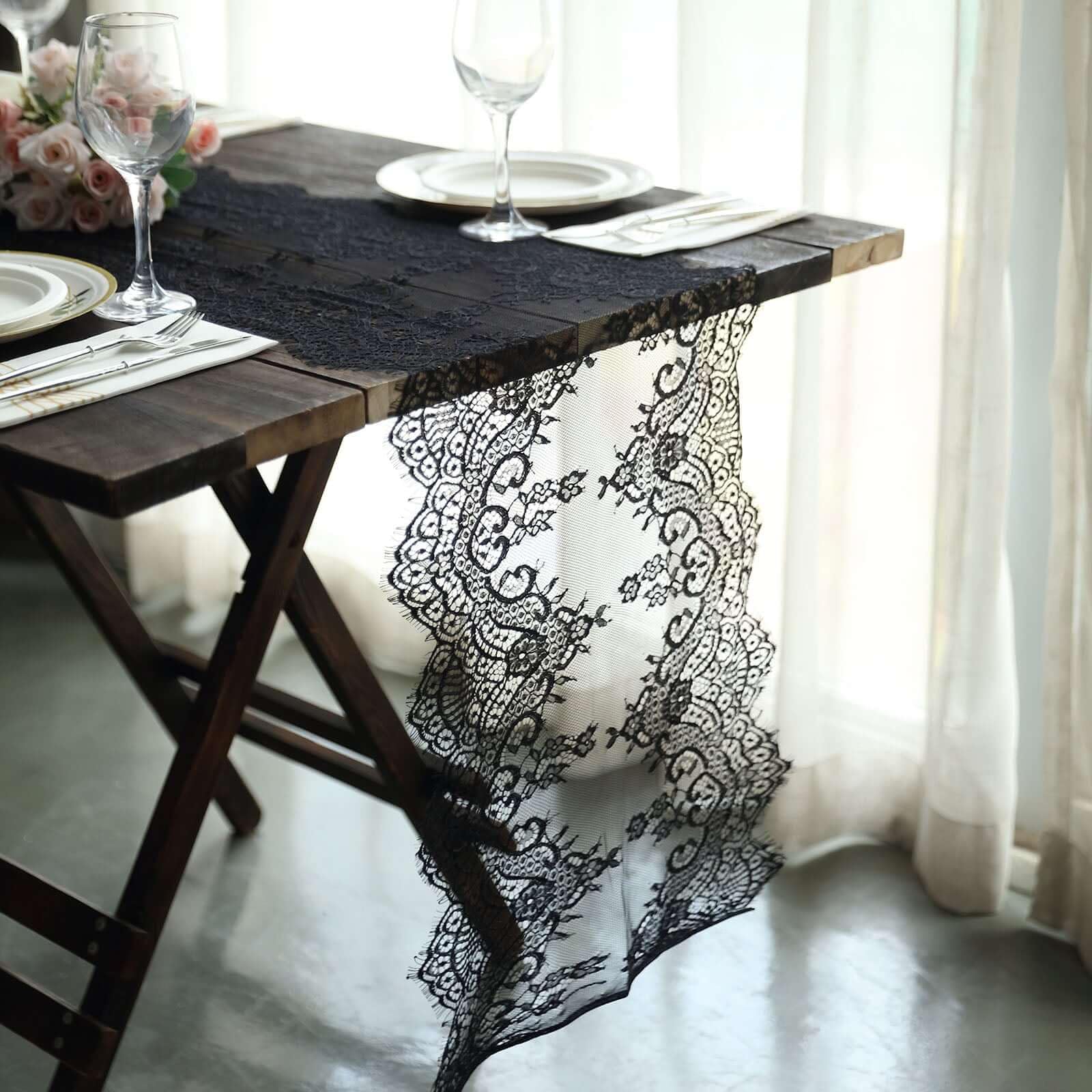 Tableclothsfactory 15"x117" Black Premium Lace Table Runner Vintage Classy Rustic Runner Decor with Scalloped Frill Edges - Image 8