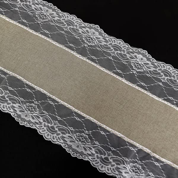 Tableclothsfactory 16"x108" Taupe Faux Burlap Jute Lace Table Runner Boho Chic Rustic Decor - Image 3