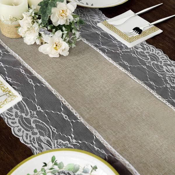 Tableclothsfactory 16"x108" Taupe Faux Burlap Jute Lace Table Runner Boho Chic Rustic Decor - Image 5