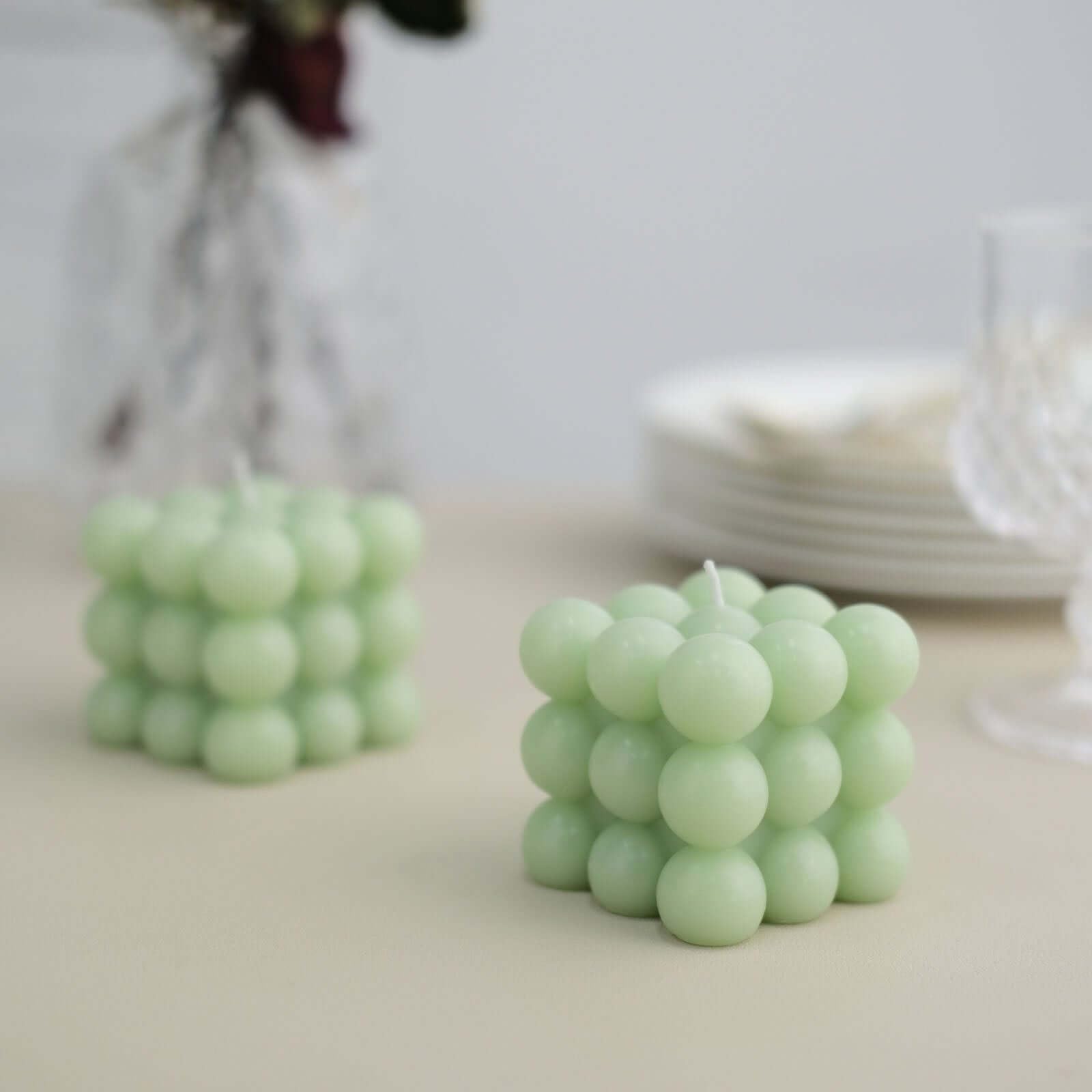 Tableclothsfactory 2 Pack | Sage Green 2" Bubble Cube Paraffin Wax Candles, Unscented Square Pillar Candle, Party Favor Gift - Image 7