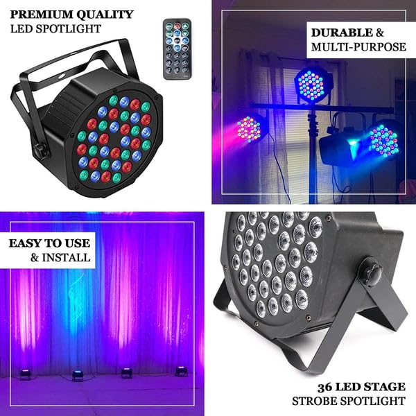 Tableclothsfactory 220V Auto Play Party Spotlight W/Remote, 36 LED DJ Stage Uplight, RGB Multi-Color Sound Activated Strobe Par Light - Image 4