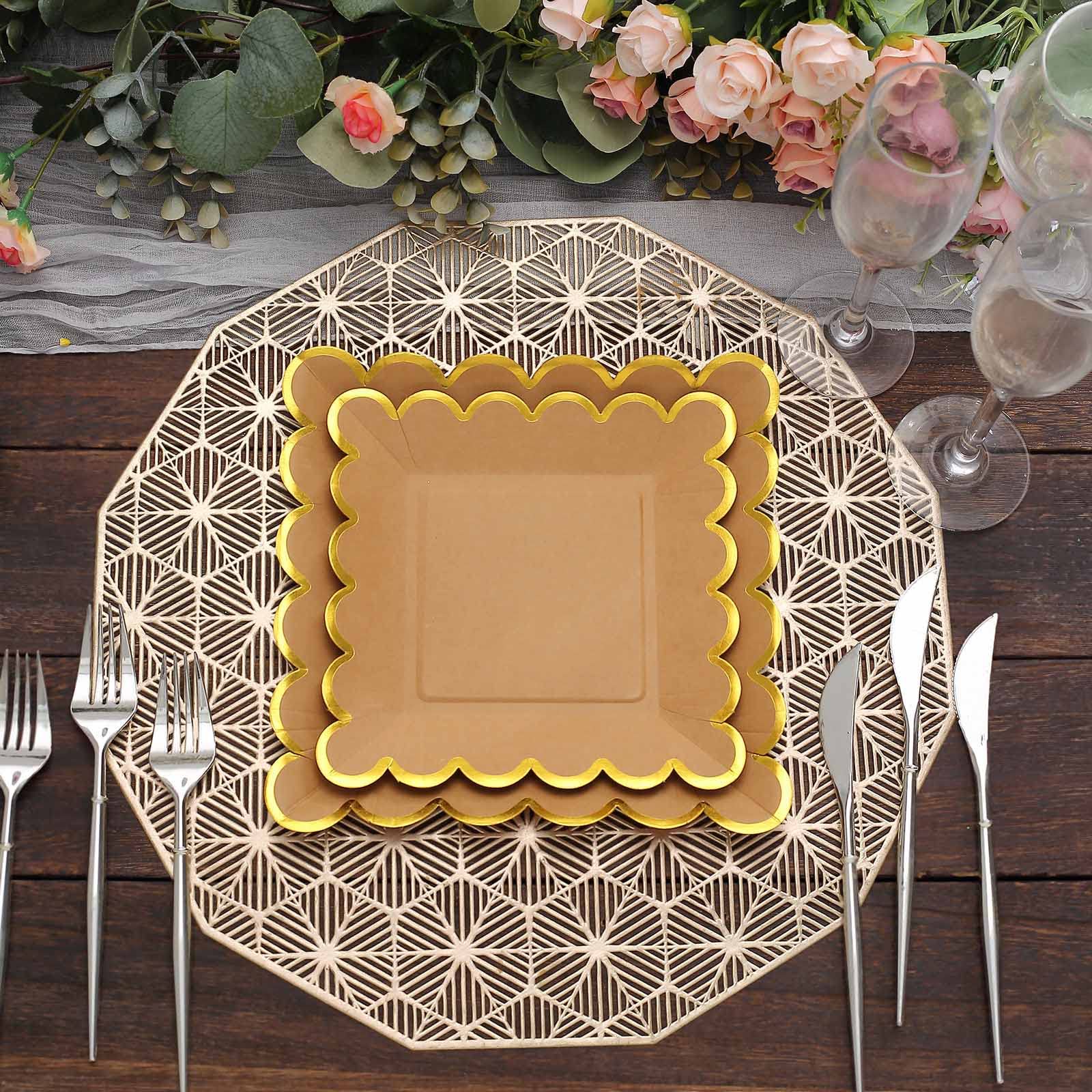 Tableclothsfactory 25 Pack | 7" Natural/Gold Scalloped Rim Square Paper Dessert Plates, Disposable Salad Appetizer Party Plates - Image 4