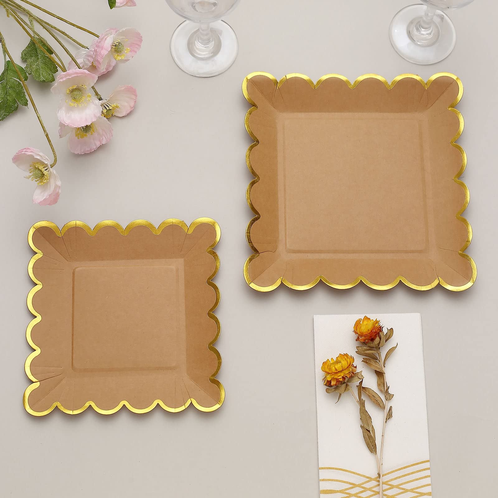Tableclothsfactory 25 Pack | 7" Natural/Gold Scalloped Rim Square Paper Dessert Plates, Disposable Salad Appetizer Party Plates - Image 5