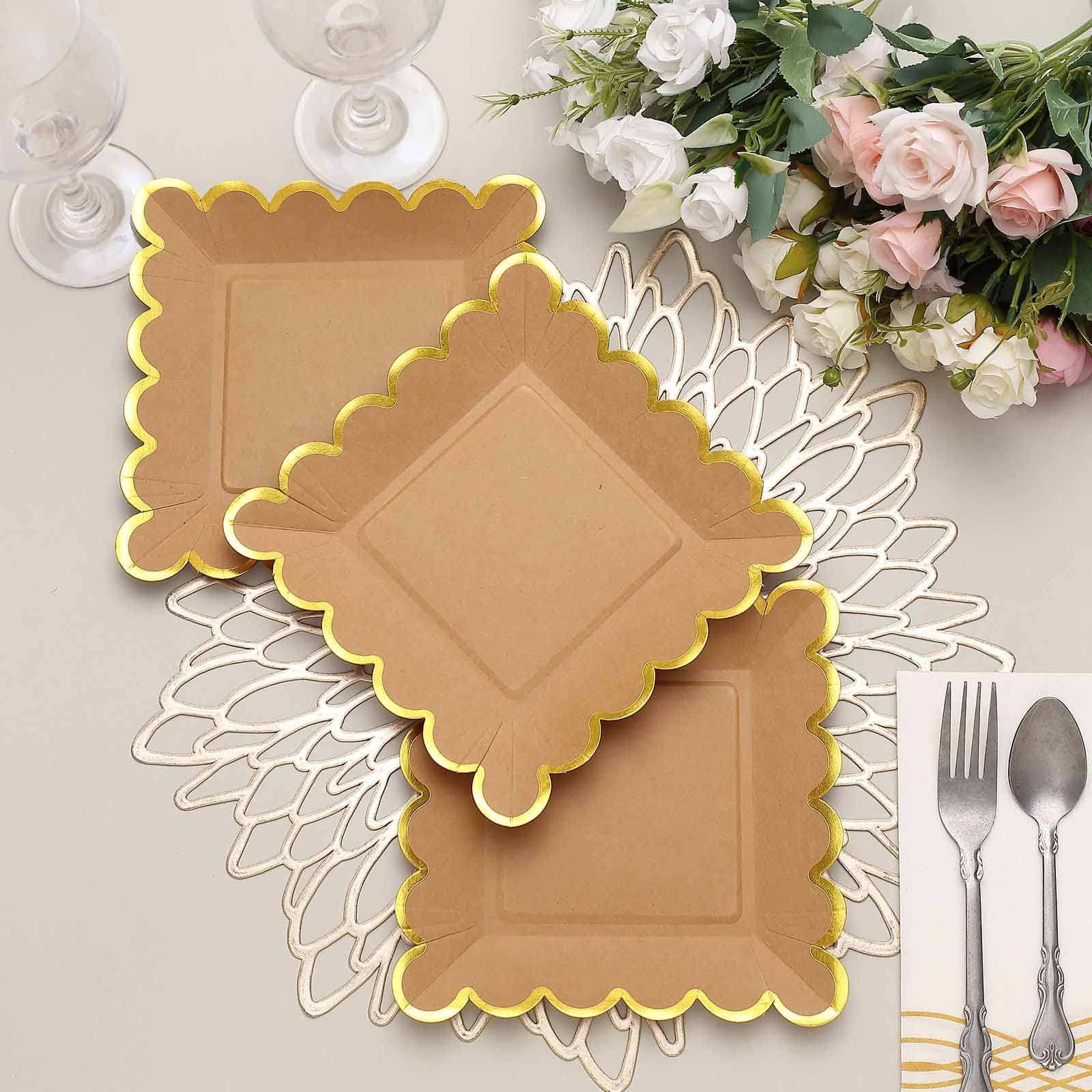 Tableclothsfactory 25 Pack | 7" Natural/Gold Scalloped Rim Square Paper Dessert Plates, Disposable Salad Appetizer Party Plates - Image 6