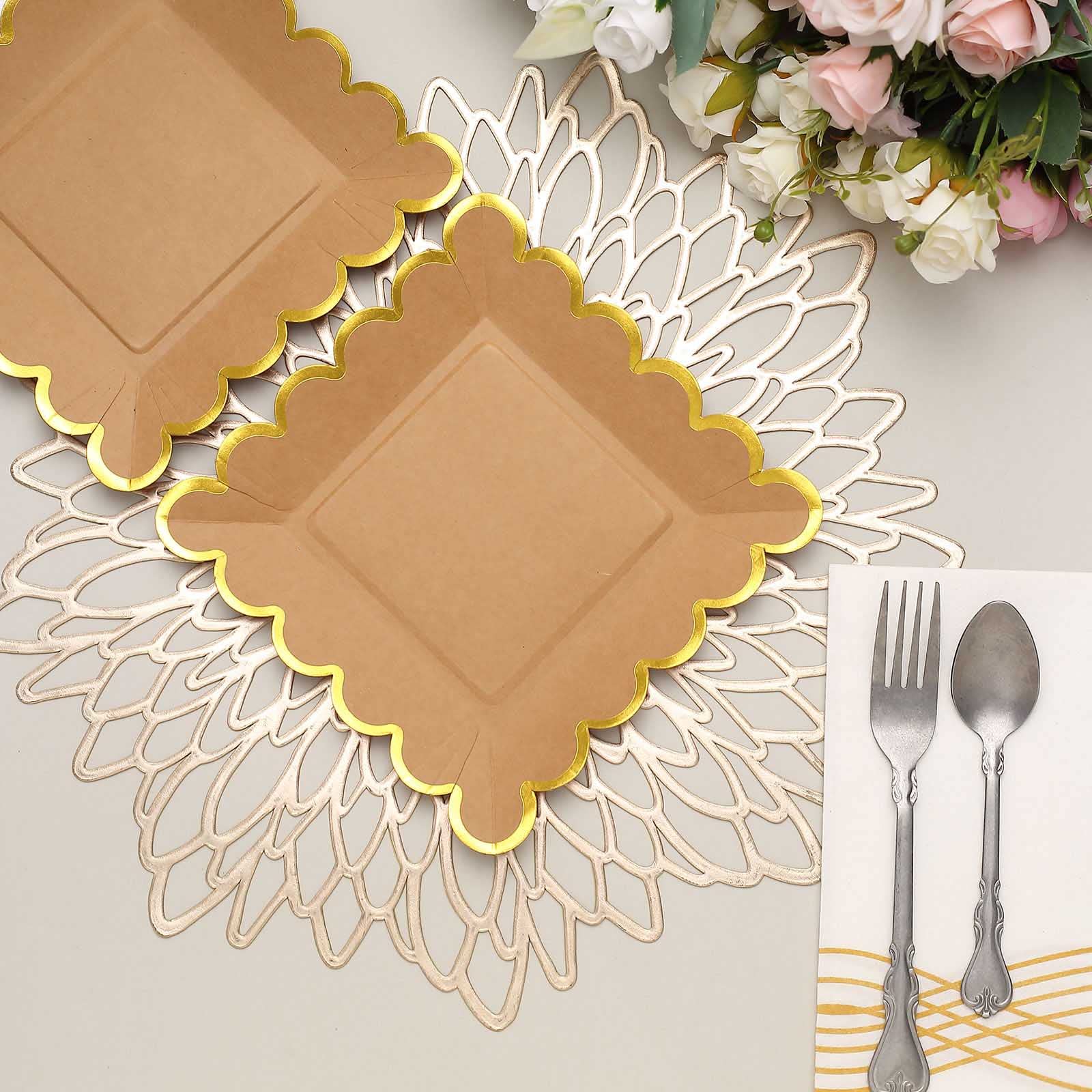 Tableclothsfactory 25 Pack | 7" Natural/Gold Scalloped Rim Square Paper Dessert Plates, Disposable Salad Appetizer Party Plates - Image 7