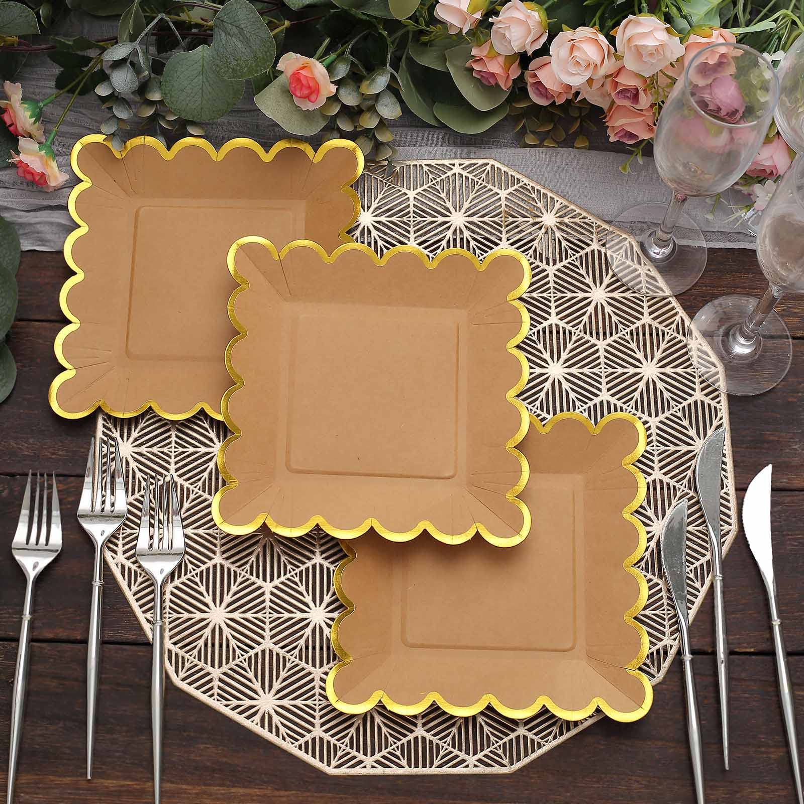 Tableclothsfactory 25 Pack | 7" Natural/Gold Scalloped Rim Square Paper Dessert Plates, Disposable Salad Appetizer Party Plates - Image 8