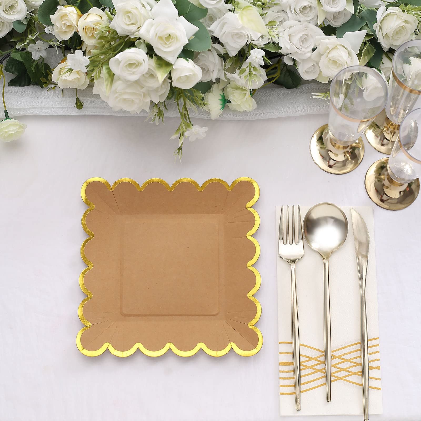Tableclothsfactory 25 Pack | 7" Natural/Gold Scalloped Rim Square Paper Dessert Plates, Disposable Salad Appetizer Party Plates - Image 9