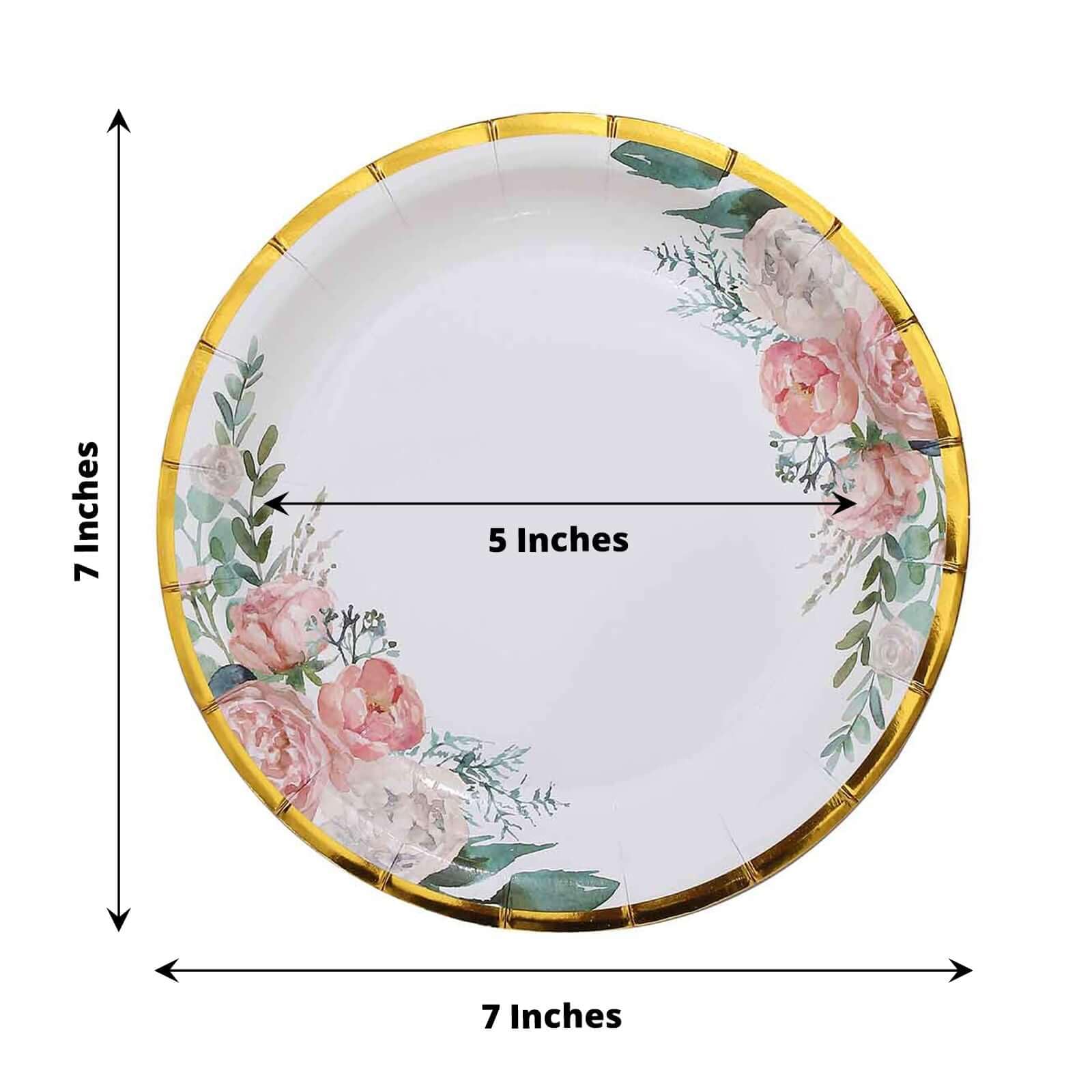 Tableclothsfactory 25 Pack | 7" White Elegant Floral Design Gold Rim Paper Dessert Plates, Disposable Salad Appetizer Plates - Image 3
