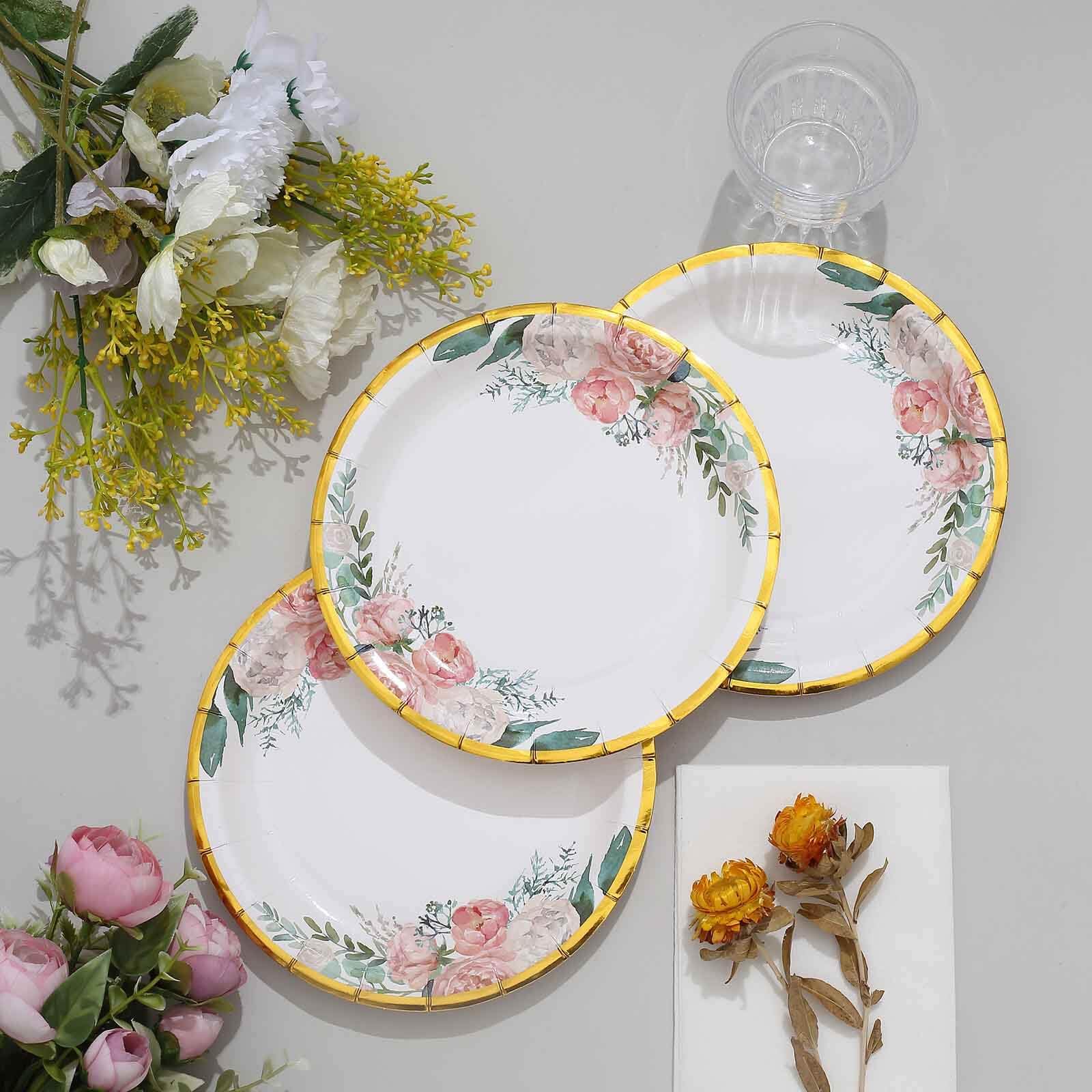 Tableclothsfactory 25 Pack | 7" White Elegant Floral Design Gold Rim Paper Dessert Plates, Disposable Salad Appetizer Plates - Image 6