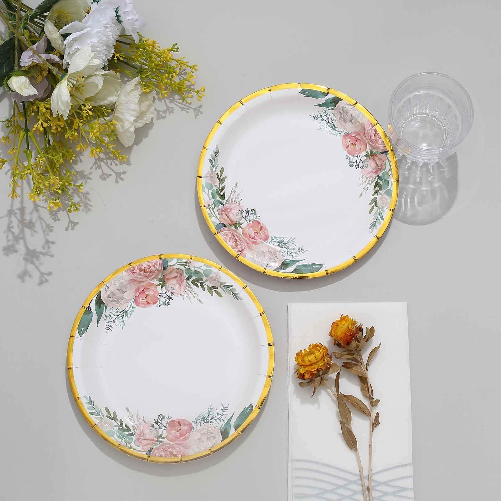 Tableclothsfactory 25 Pack | 7" White Elegant Floral Design Gold Rim Paper Dessert Plates, Disposable Salad Appetizer Plates - Image 7