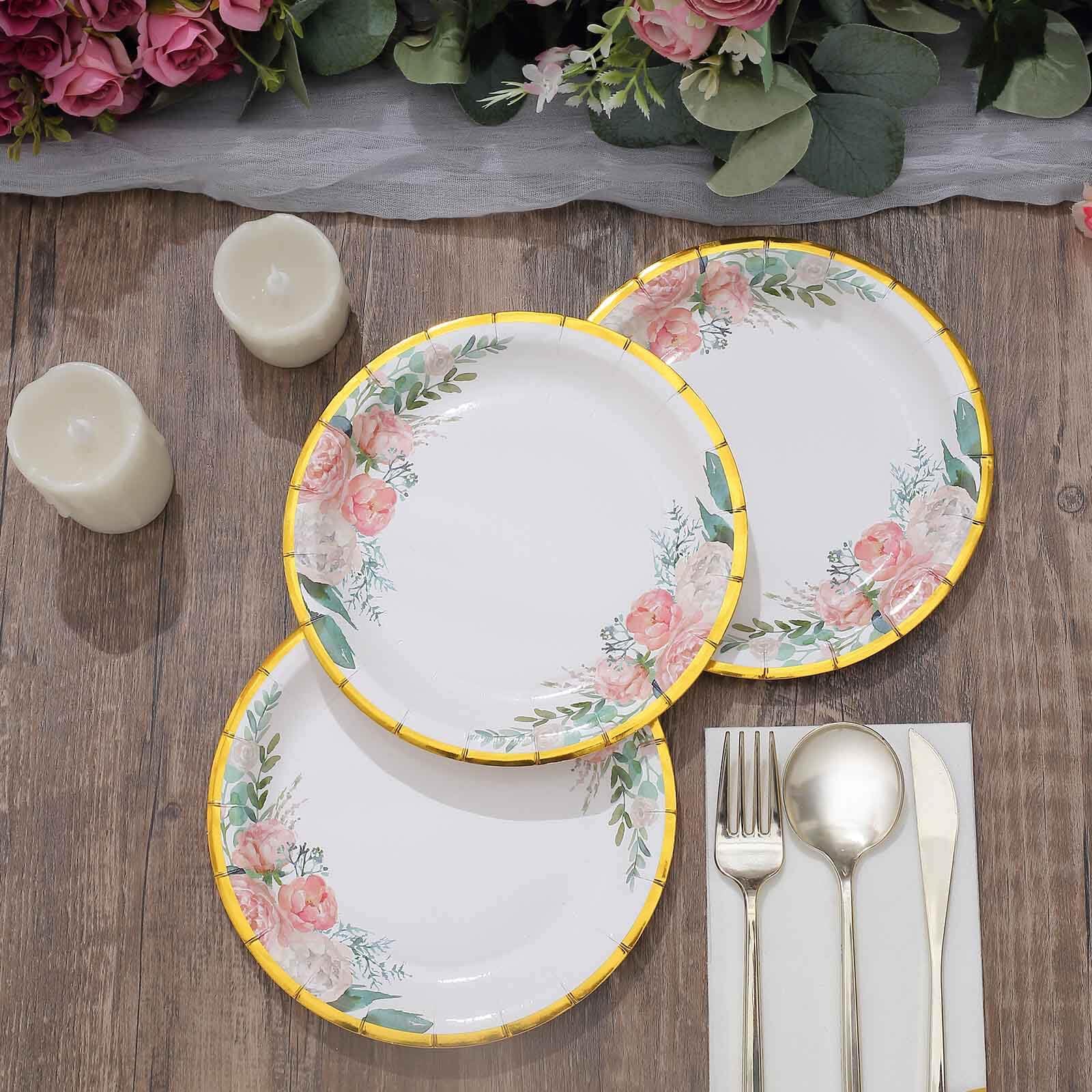 Tableclothsfactory 25 Pack | 7" White Elegant Floral Design Gold Rim Paper Dessert Plates, Disposable Salad Appetizer Plates - Image 9