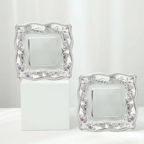 Tableclothsfactory 25 Pack | Silver 7" Square Vintage Appetizer Dessert Paper Plates, Shiny Metallic Disposable Pottery Embossed Party Plates with Scroll Design Edge - 350 GSM - Image 4