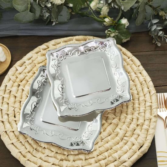 Tableclothsfactory 25 Pack | Silver 7" Square Vintage Appetizer Dessert Paper Plates, Shiny Metallic Disposable Pottery Embossed Party Plates with Scroll Design Edge - 350 GSM - Image 5