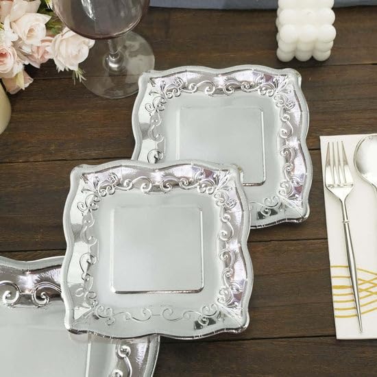 Tableclothsfactory 25 Pack | Silver 7" Square Vintage Appetizer Dessert Paper Plates, Shiny Metallic Disposable Pottery Embossed Party Plates with Scroll Design Edge - 350 GSM - Image 7