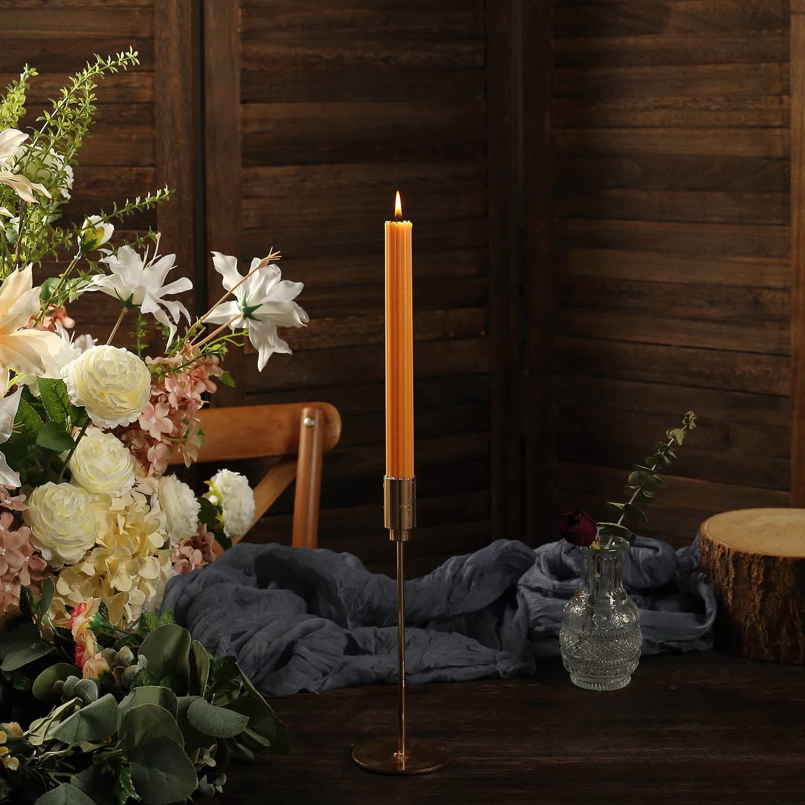 Tableclothsfactory 5 Pack | 9" Gold Premium Unscented Ribbed Wick Taper Candles, Tall Ribbon Wax Dinner Candles - Image 8