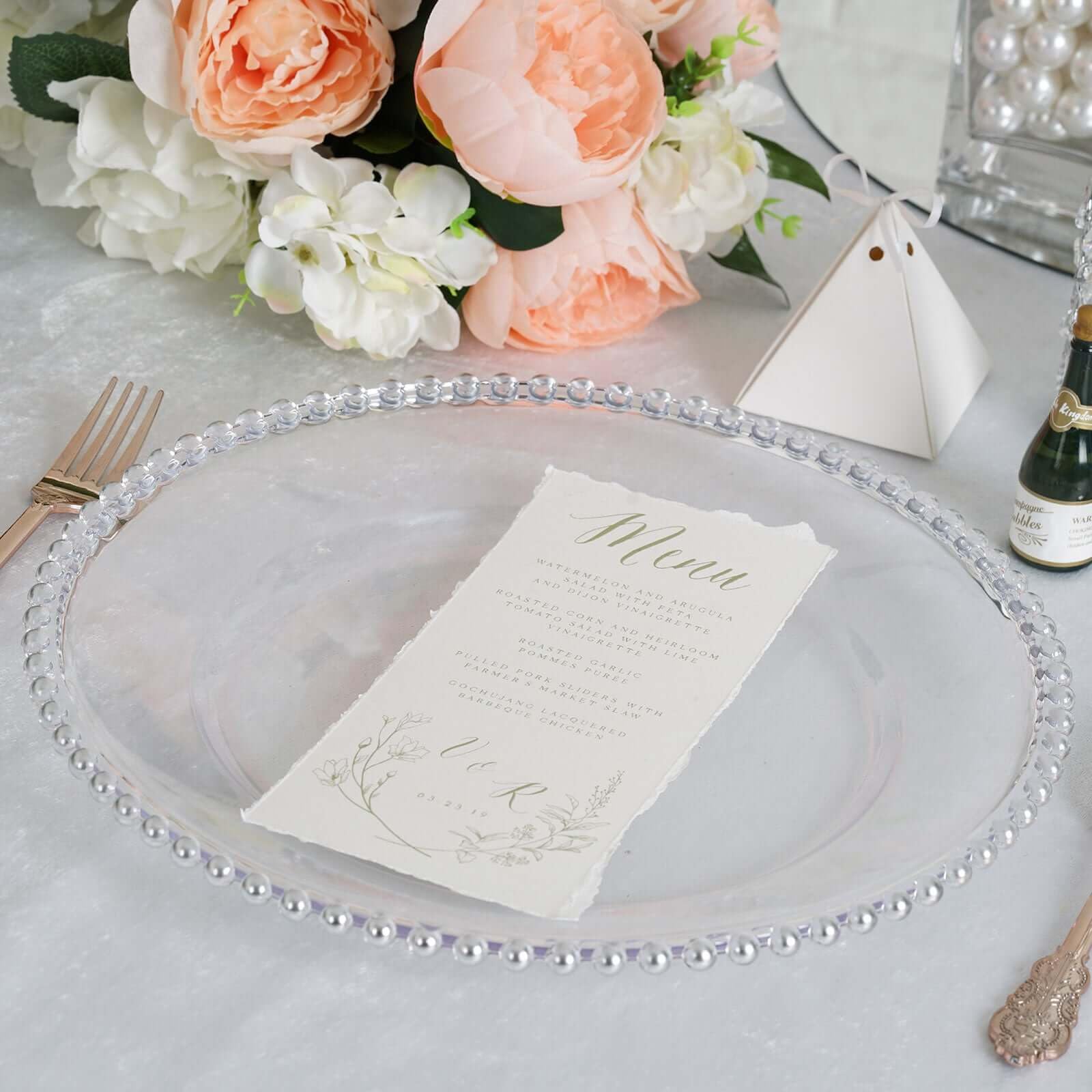 TABLECLOTHSFACTORY 6 Pack 12" Silver Clear Acrylic Round Charger Plates With Beaded Rim Dinner Charger Plates - Image 5