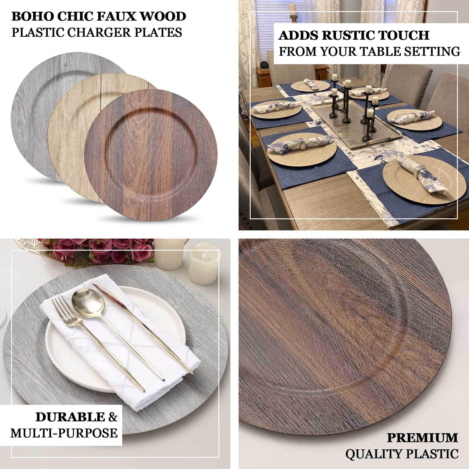 Tableclothsfactory 6 Pack | 13" Dark Brown Boho Chic Faux Wood Plastic Charger Plates, Round Rustic Wedding Party Service Plates - Image 4
