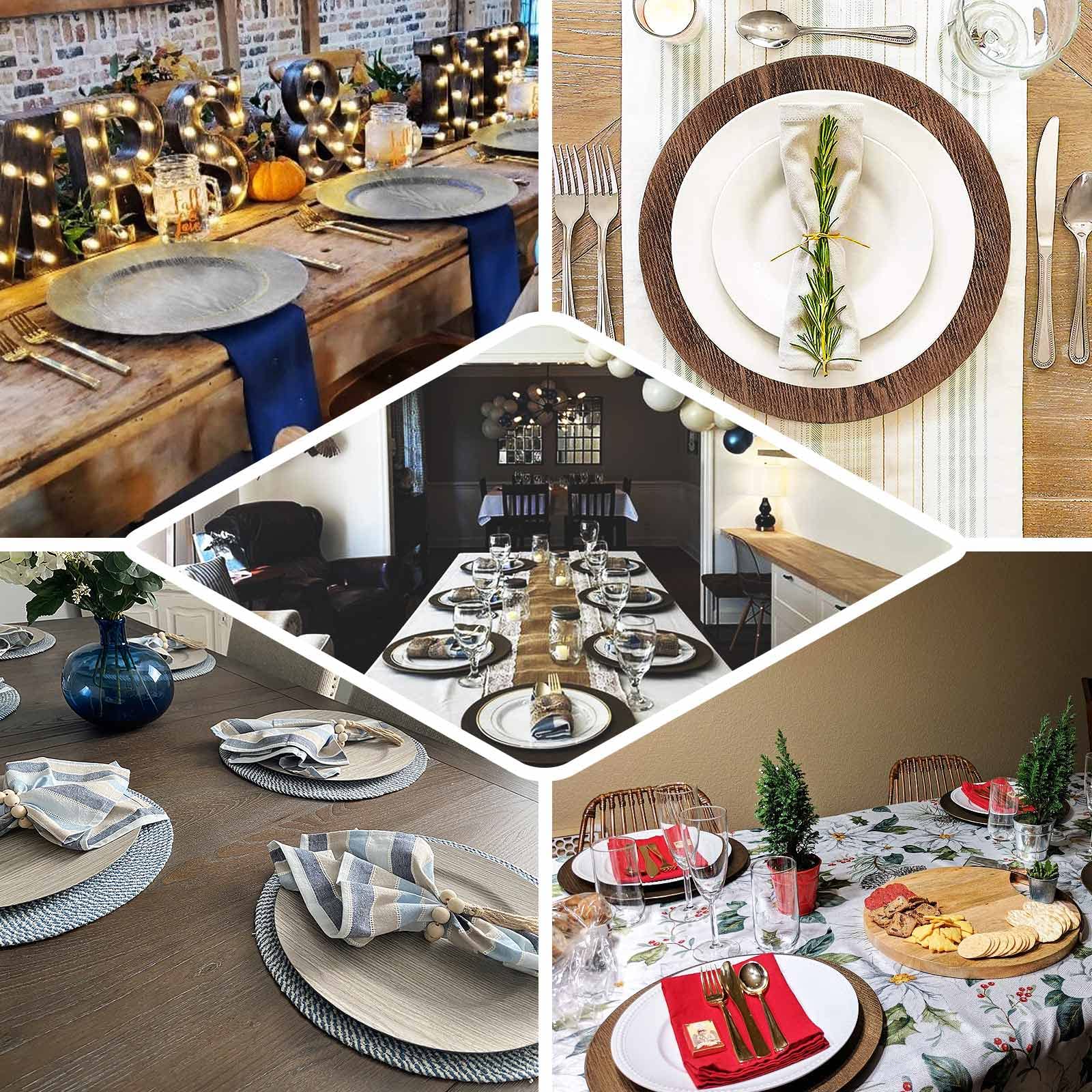 Tableclothsfactory 6 Pack | 13" Dark Brown Boho Chic Faux Wood Plastic Charger Plates, Round Rustic Wedding Party Service Plates - Image 5