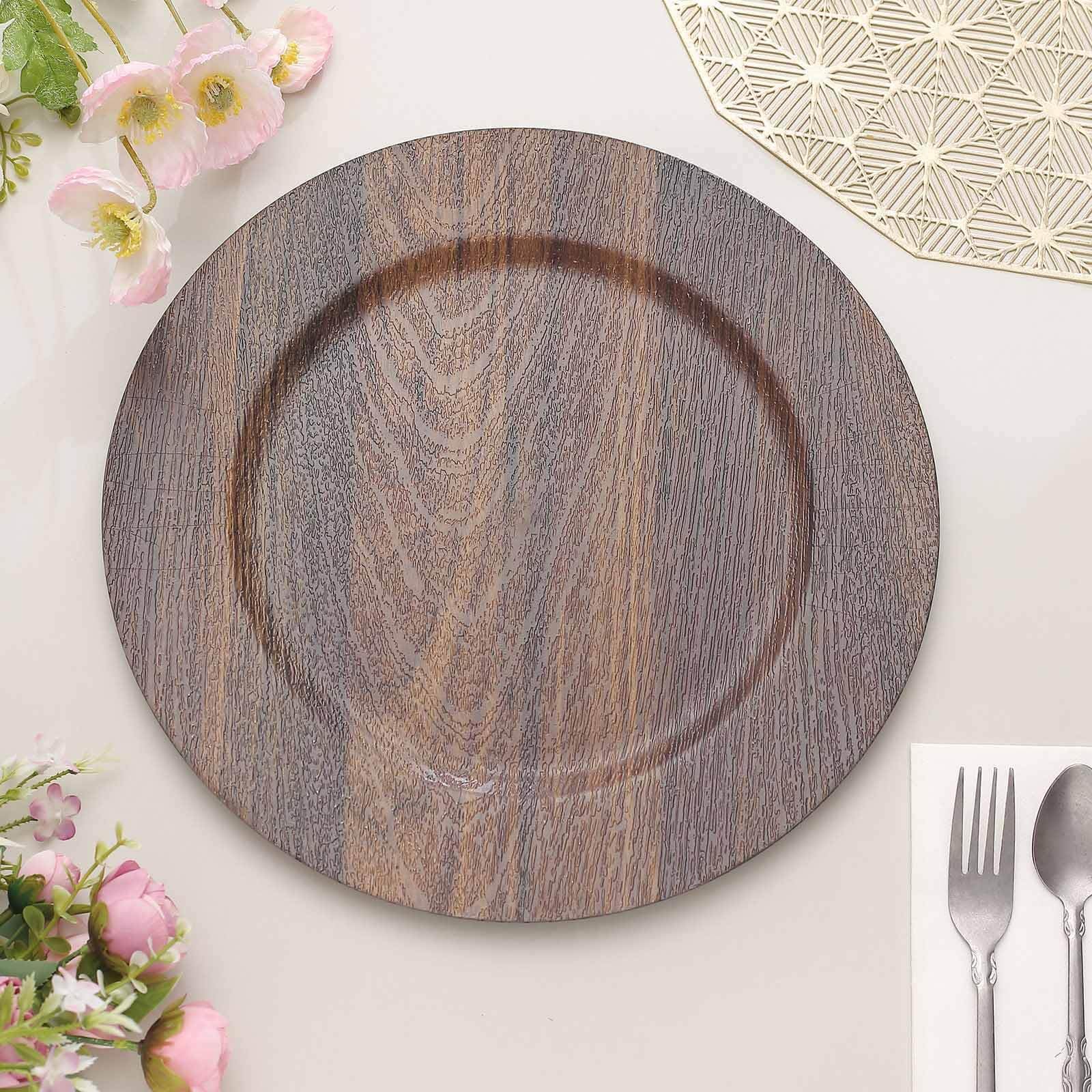 Tableclothsfactory 6 Pack | 13" Dark Brown Boho Chic Faux Wood Plastic Charger Plates, Round Rustic Wedding Party Service Plates - Image 6