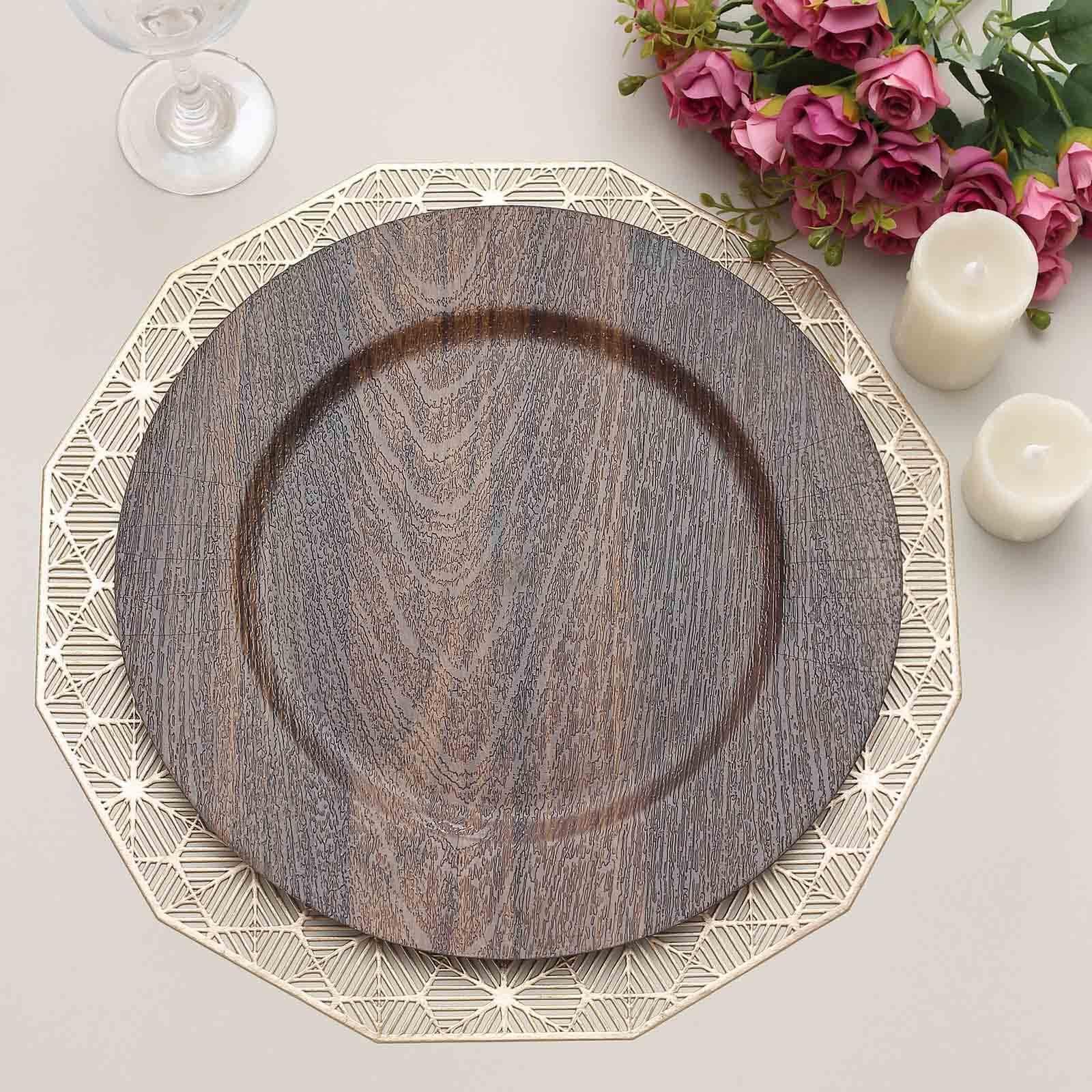 Tableclothsfactory 6 Pack | 13" Dark Brown Boho Chic Faux Wood Plastic Charger Plates, Round Rustic Wedding Party Service Plates - Image 7