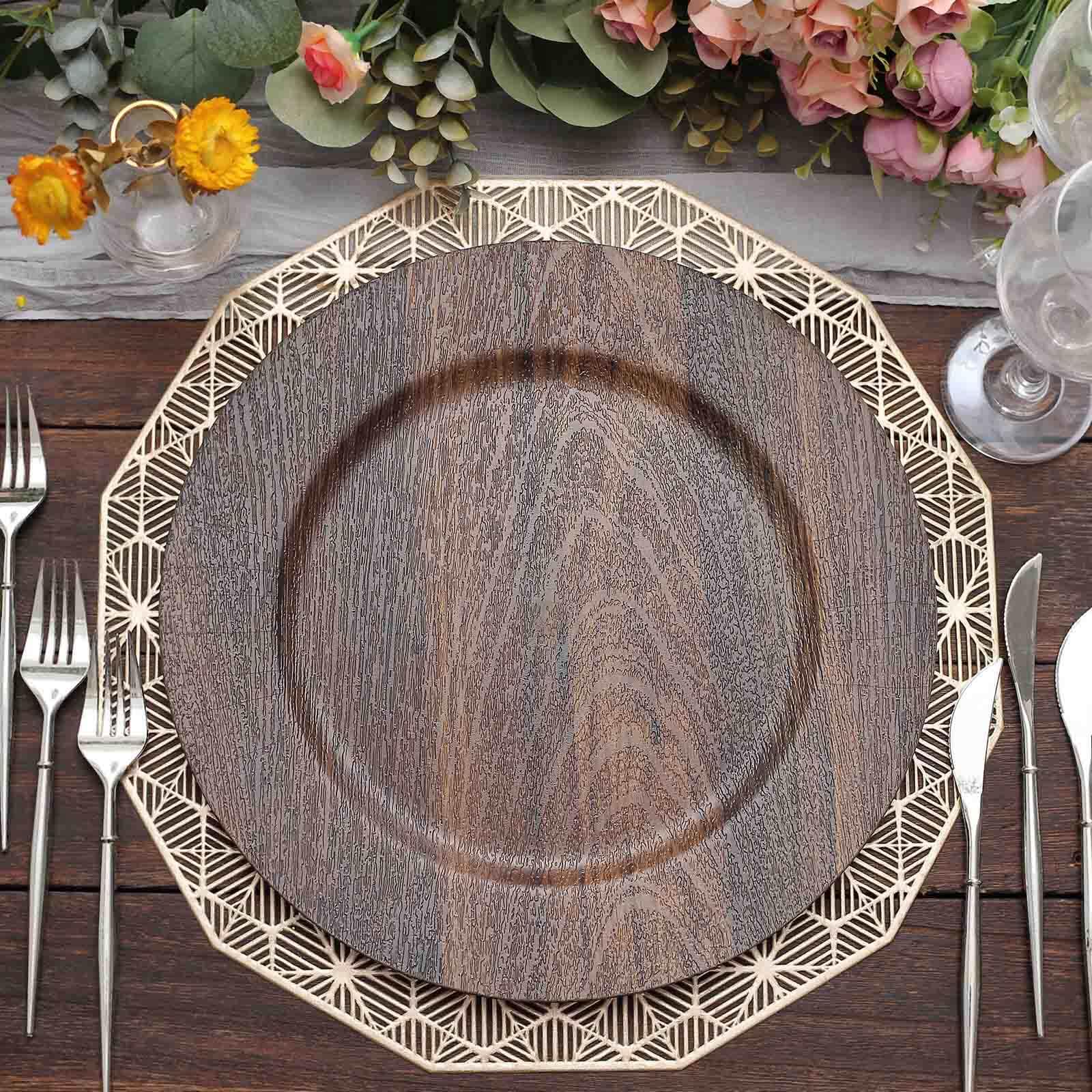 Tableclothsfactory 6 Pack | 13" Dark Brown Boho Chic Faux Wood Plastic Charger Plates, Round Rustic Wedding Party Service Plates - Image 8