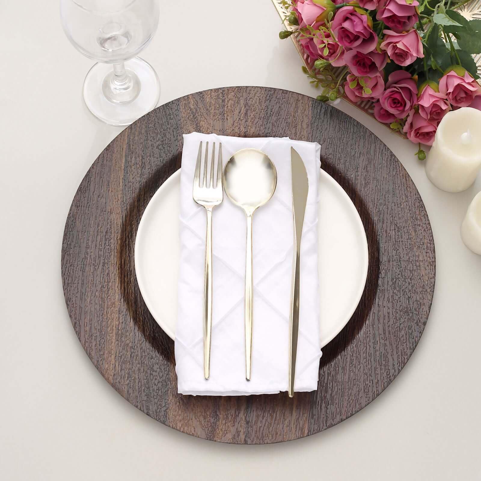 Tableclothsfactory 6 Pack | 13" Dark Brown Boho Chic Faux Wood Plastic Charger Plates, Round Rustic Wedding Party Service Plates - Image 9