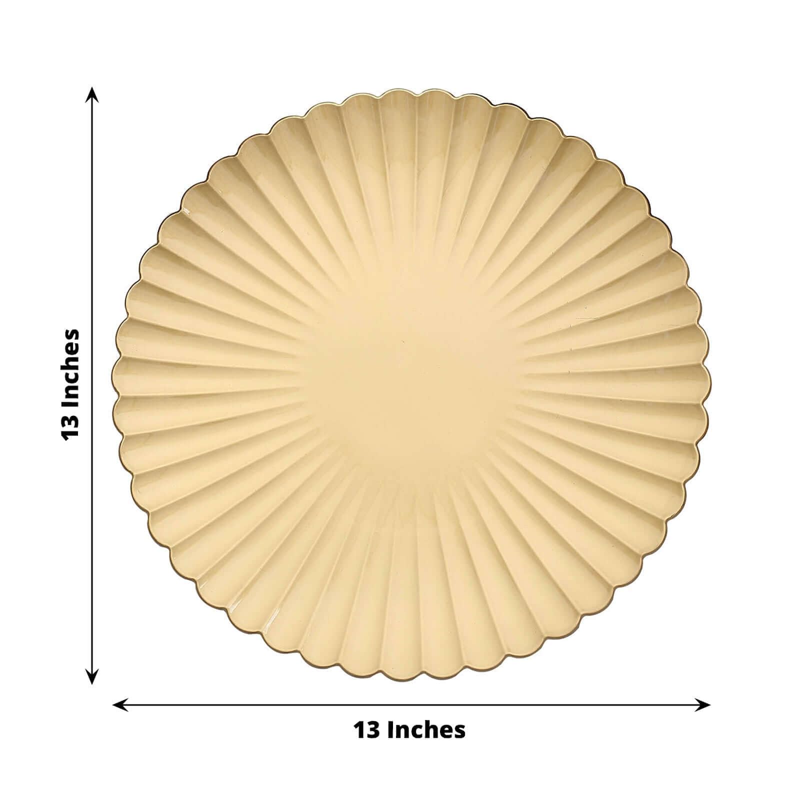 Tableclothsfactory 6 Pack | 13" Gold Scalloped Shell Pattern Plastic Serving Plates, Round Disposable Charger Plates - Image 3