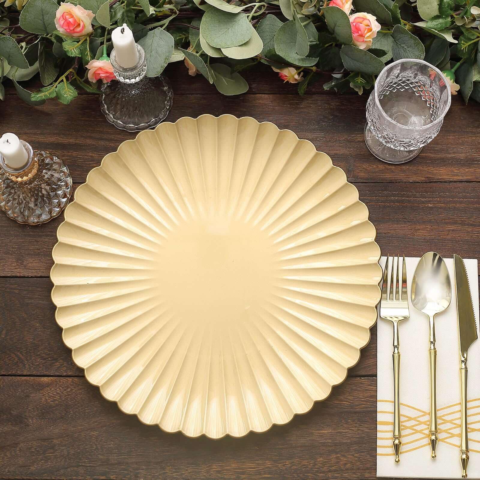Tableclothsfactory 6 Pack | 13" Gold Scalloped Shell Pattern Plastic Serving Plates, Round Disposable Charger Plates - Image 5