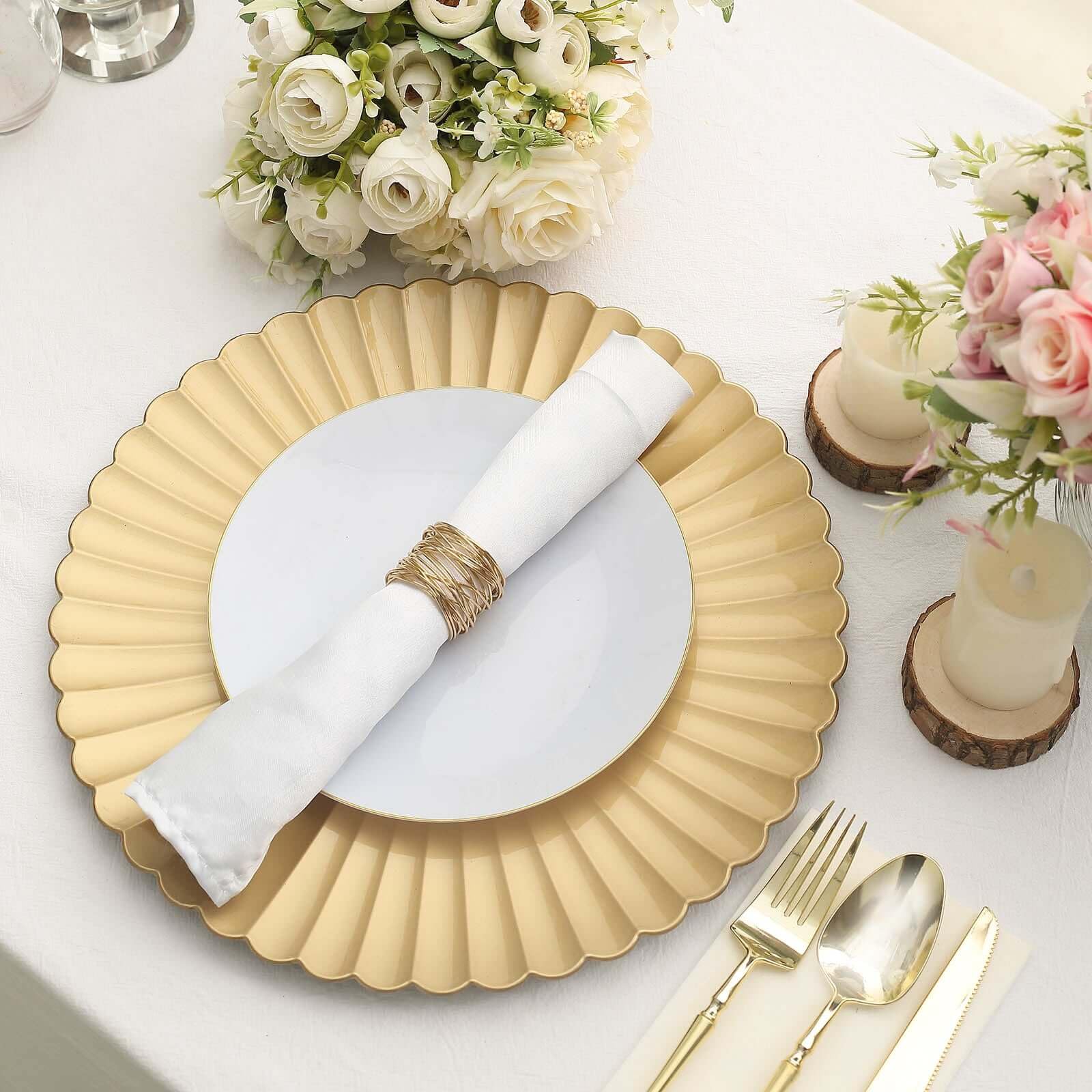 Tableclothsfactory 6 Pack | 13" Gold Scalloped Shell Pattern Plastic Serving Plates, Round Disposable Charger Plates - Image 6