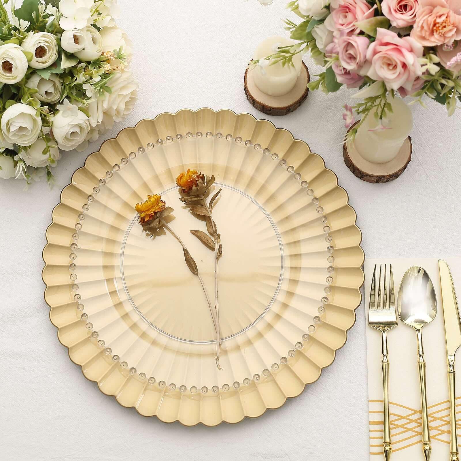 Tableclothsfactory 6 Pack | 13" Gold Scalloped Shell Pattern Plastic Serving Plates, Round Disposable Charger Plates - Image 7