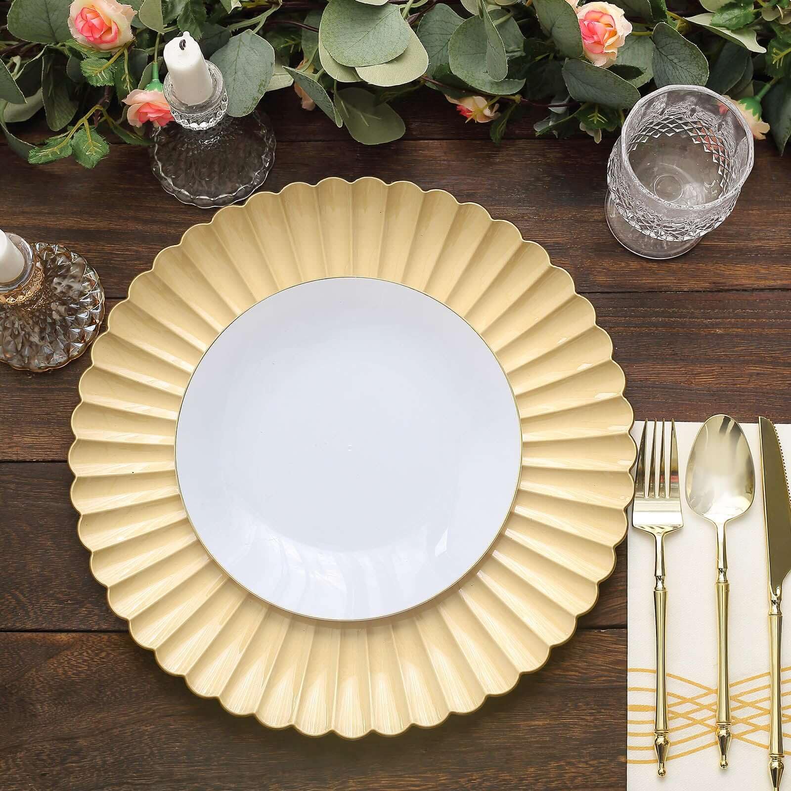 Tableclothsfactory 6 Pack | 13" Gold Scalloped Shell Pattern Plastic Serving Plates, Round Disposable Charger Plates - Image 8