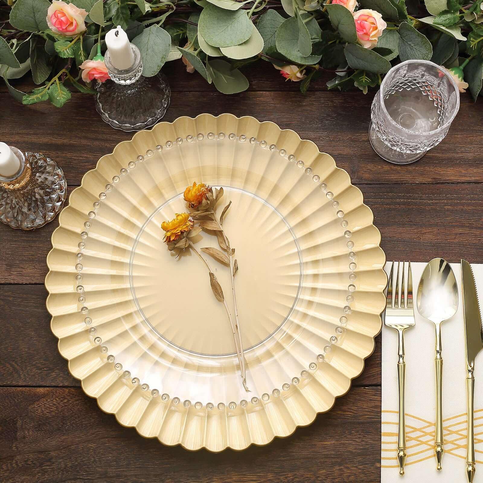 Tableclothsfactory 6 Pack | 13" Gold Scalloped Shell Pattern Plastic Serving Plates, Round Disposable Charger Plates - Image 9