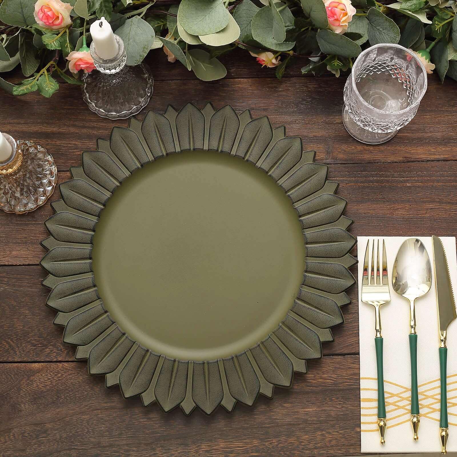 Tableclothsfactory 6 Pack | 13" Matte Olive Green Sunflower Plastic Dinner Charger Plates, Disposable Round Serving Trays - Image 5
