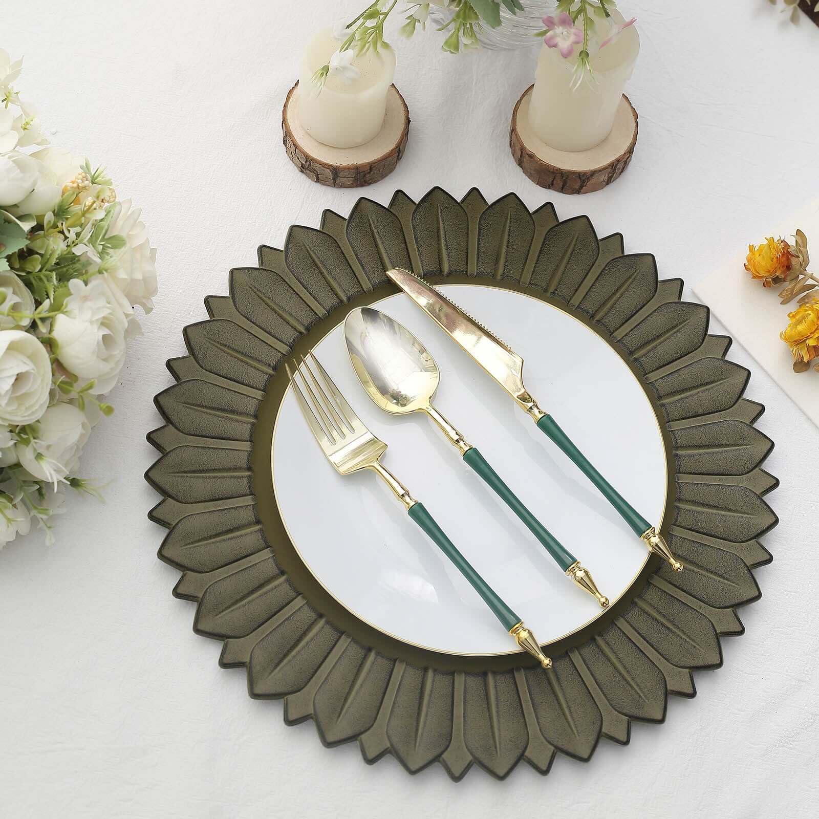 Tableclothsfactory 6 Pack | 13" Matte Olive Green Sunflower Plastic Dinner Charger Plates, Disposable Round Serving Trays - Image 7
