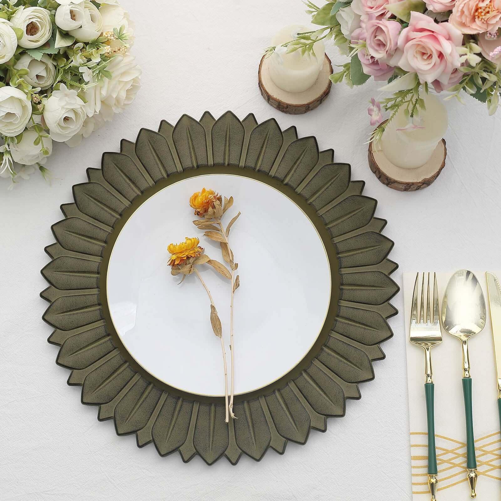Tableclothsfactory 6 Pack | 13" Matte Olive Green Sunflower Plastic Dinner Charger Plates, Disposable Round Serving Trays - Image 8
