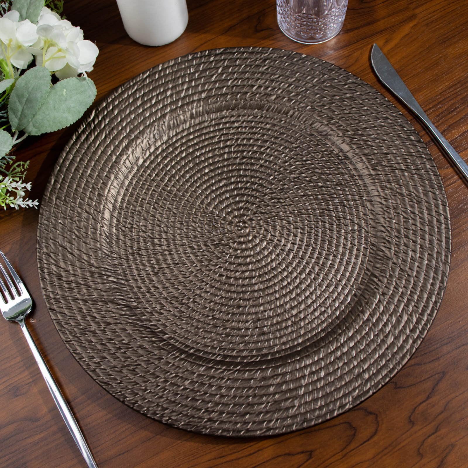 Tableclothsfactory 6 Pack | 13" Natural Brown Acrylic Plastic Rattan-Like Charger Plates, Round Disposable Dinner Serving Plates - Image 7