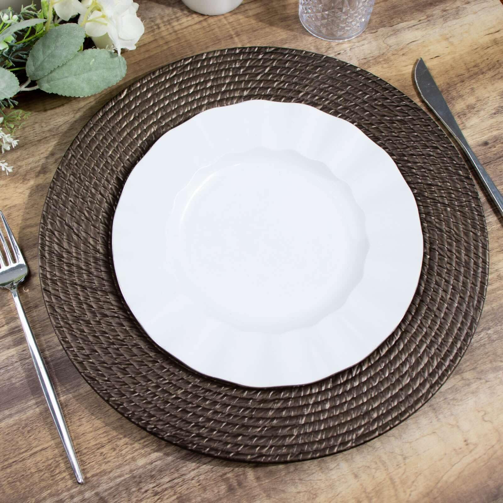 Tableclothsfactory 6 Pack | 13" Natural Brown Acrylic Plastic Rattan-Like Charger Plates, Round Disposable Dinner Serving Plates - Image 8
