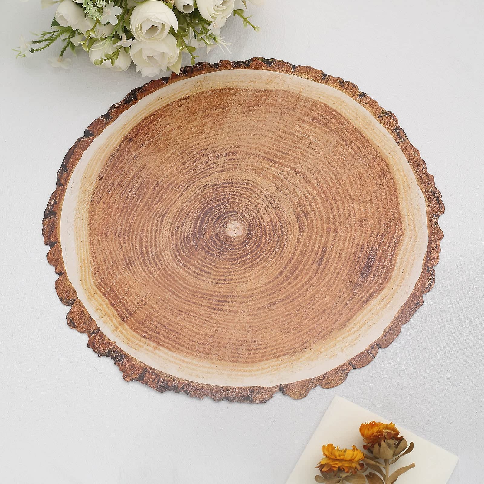 Tableclothsfactory 6 Pack | 13" Rustic Natural Wood Slice Design Disposable Serving Trays, Round Farmhouse Paper Charger Plates - Image 6