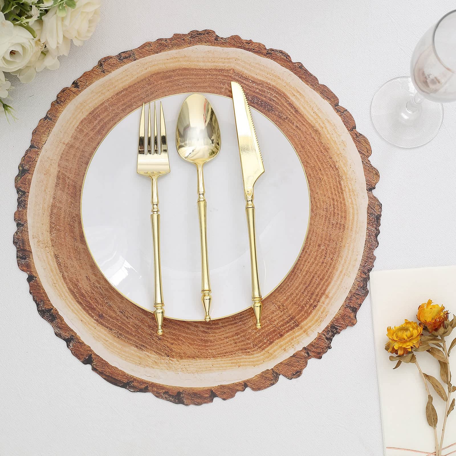 Tableclothsfactory 6 Pack | 13" Rustic Natural Wood Slice Design Disposable Serving Trays, Round Farmhouse Paper Charger Plates - Image 8