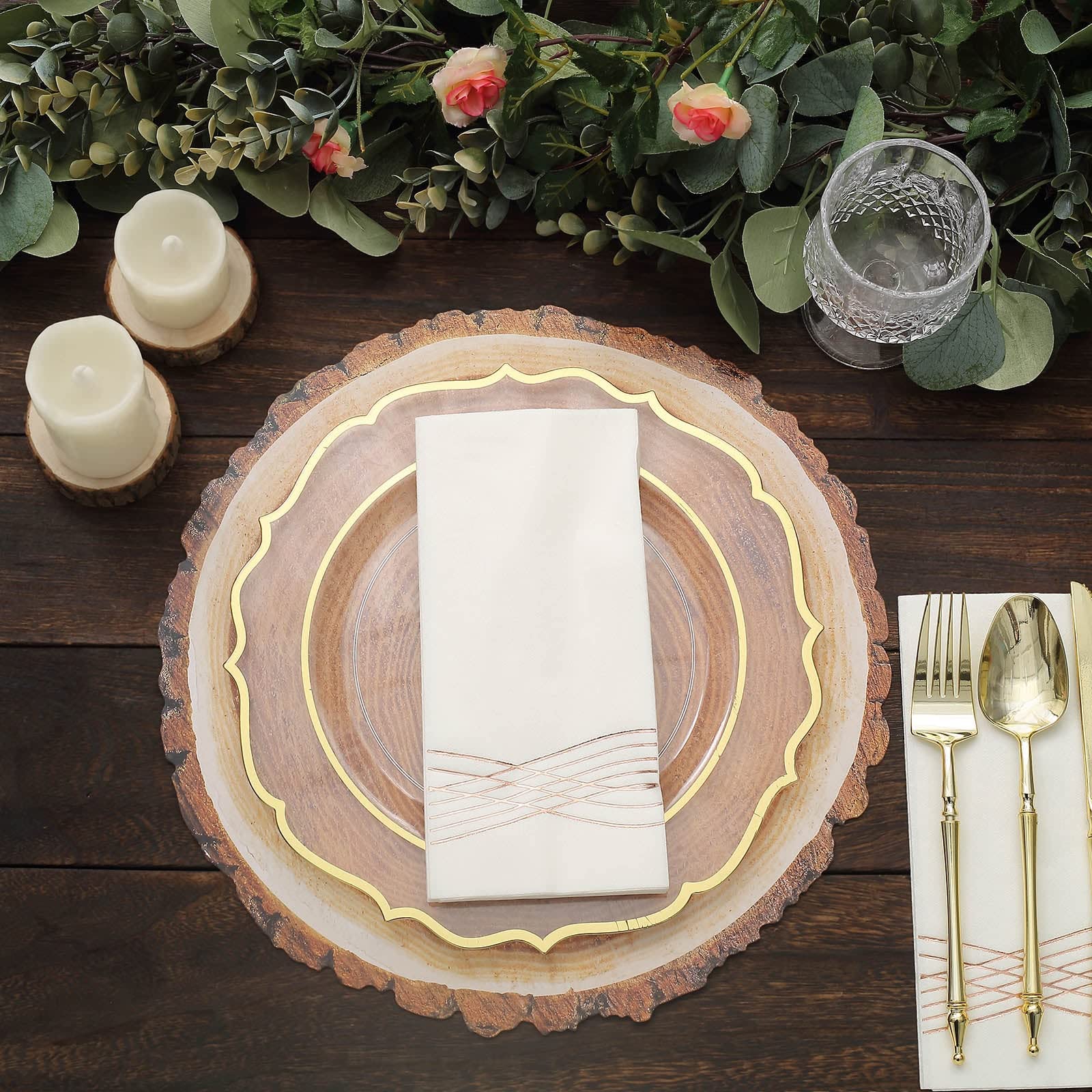 Tableclothsfactory 6 Pack | 13" Rustic Natural Wood Slice Design Disposable Serving Trays, Round Farmhouse Paper Charger Plates - Image 9