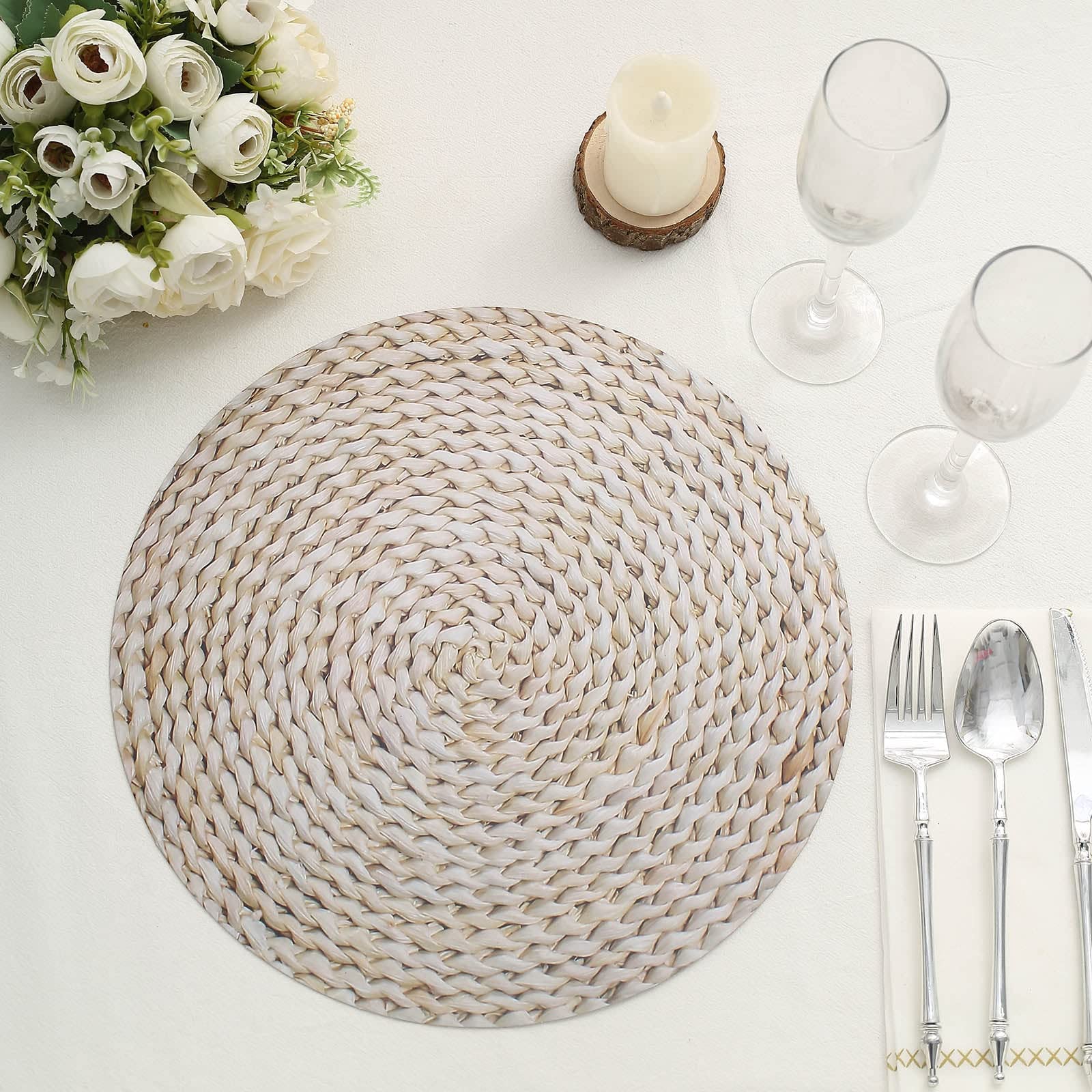 Tableclothsfactory 6 Pack | 13" Wheat Woven Rattan Design Disposable Serving Trays, Round Paper Charger Plates - Image 4