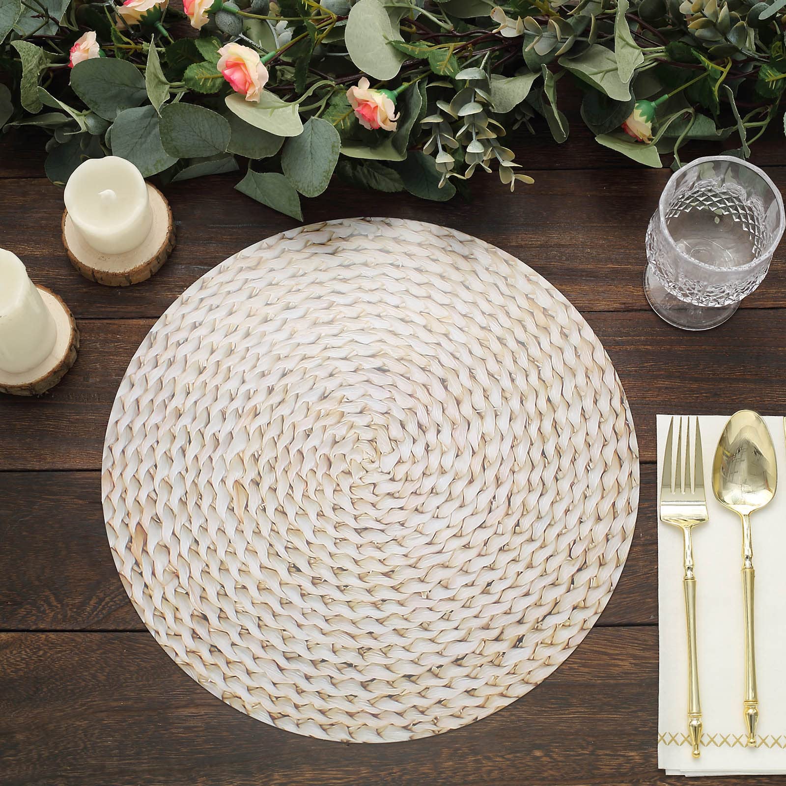 Tableclothsfactory 6 Pack | 13" Wheat Woven Rattan Design Disposable Serving Trays, Round Paper Charger Plates - Image 5