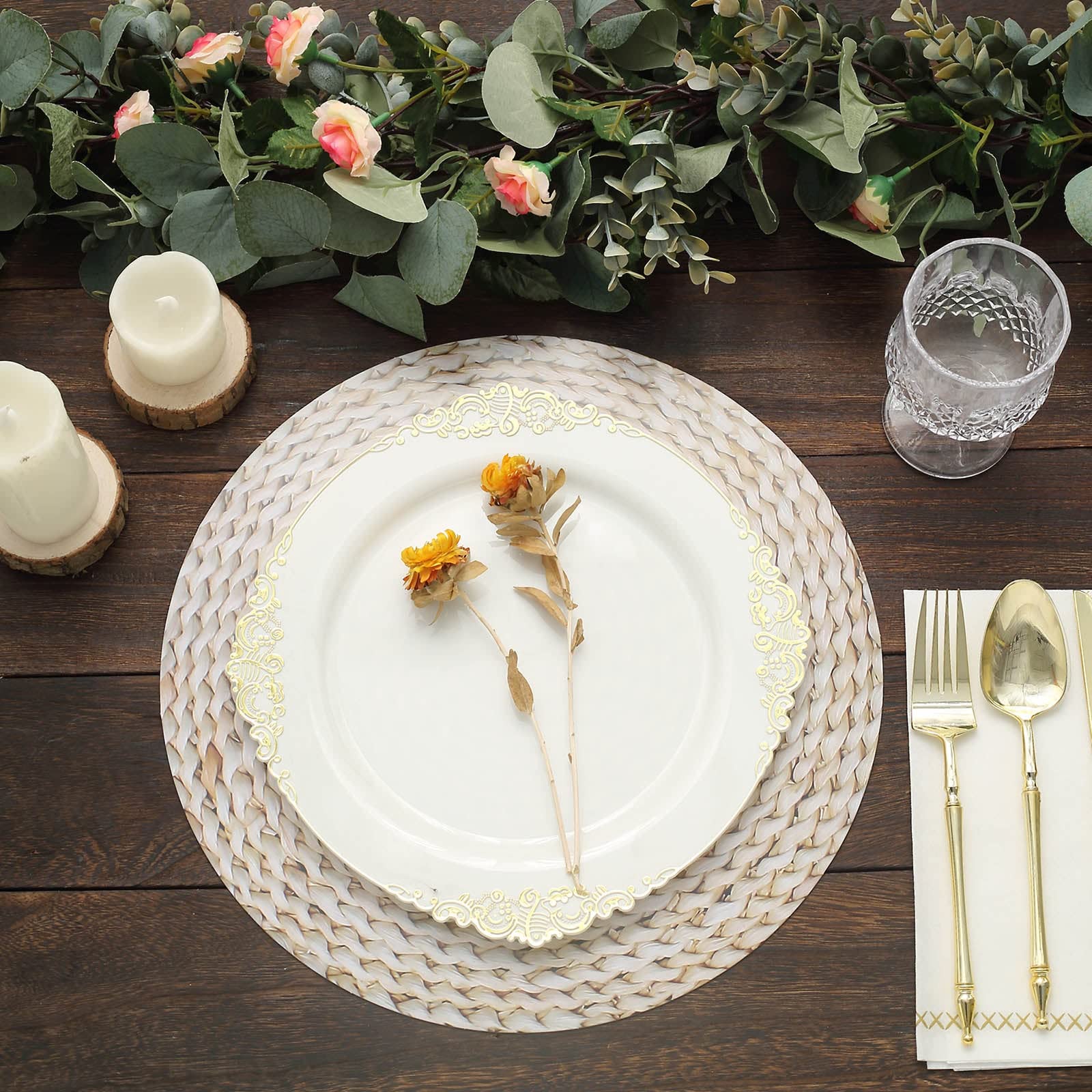 Tableclothsfactory 6 Pack | 13" Wheat Woven Rattan Design Disposable Serving Trays, Round Paper Charger Plates - Image 6