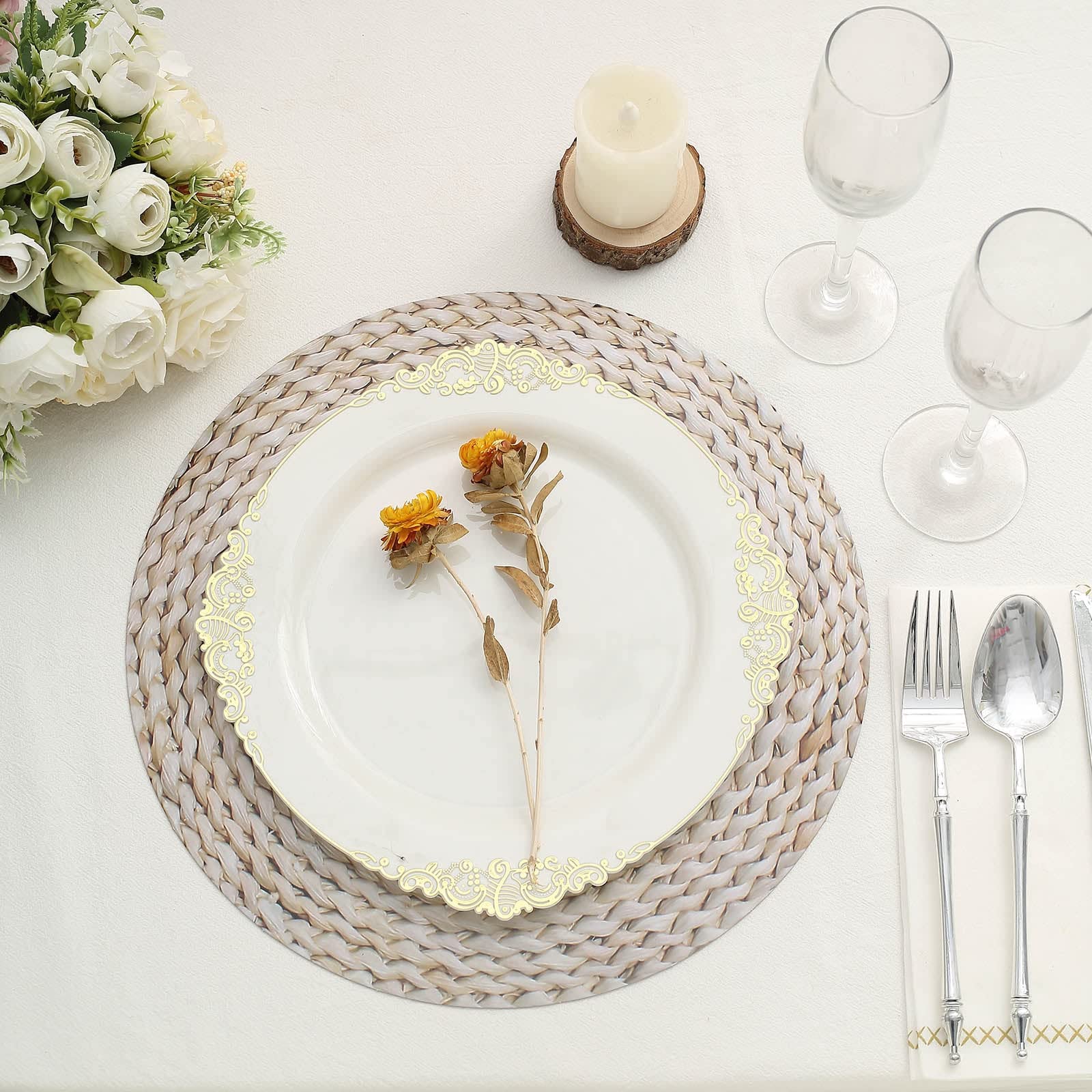 Tableclothsfactory 6 Pack | 13" Wheat Woven Rattan Design Disposable Serving Trays, Round Paper Charger Plates - Image 8