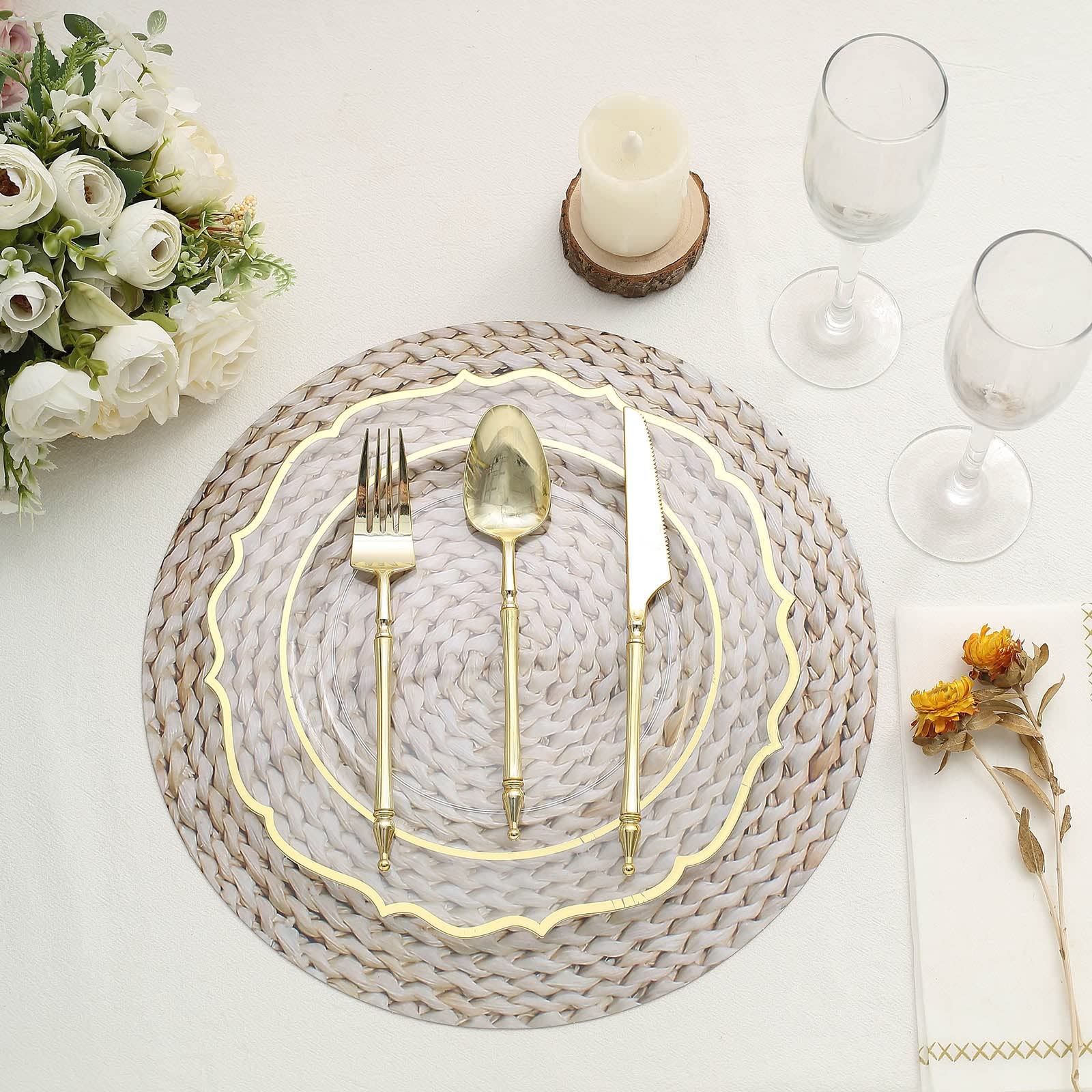 Tableclothsfactory 6 Pack | 13" Wheat Woven Rattan Design Disposable Serving Trays, Round Paper Charger Plates - Image 9