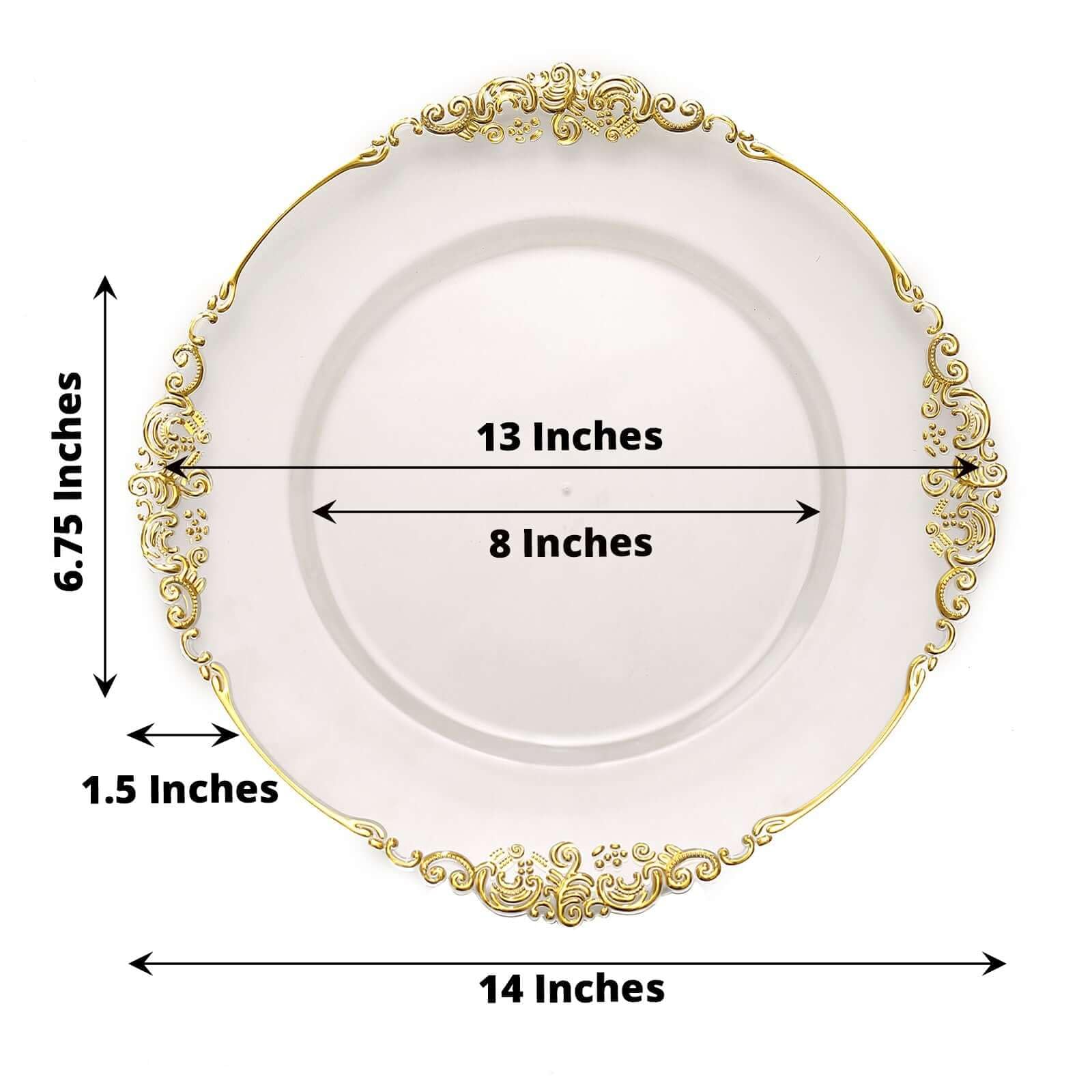 Tableclothsfactory 6 Pack Clear Gold 13" Round Baroque Charger Plates Leaf Embossed Rim for Tabletop Decor Catering Event Decoration - Image 3