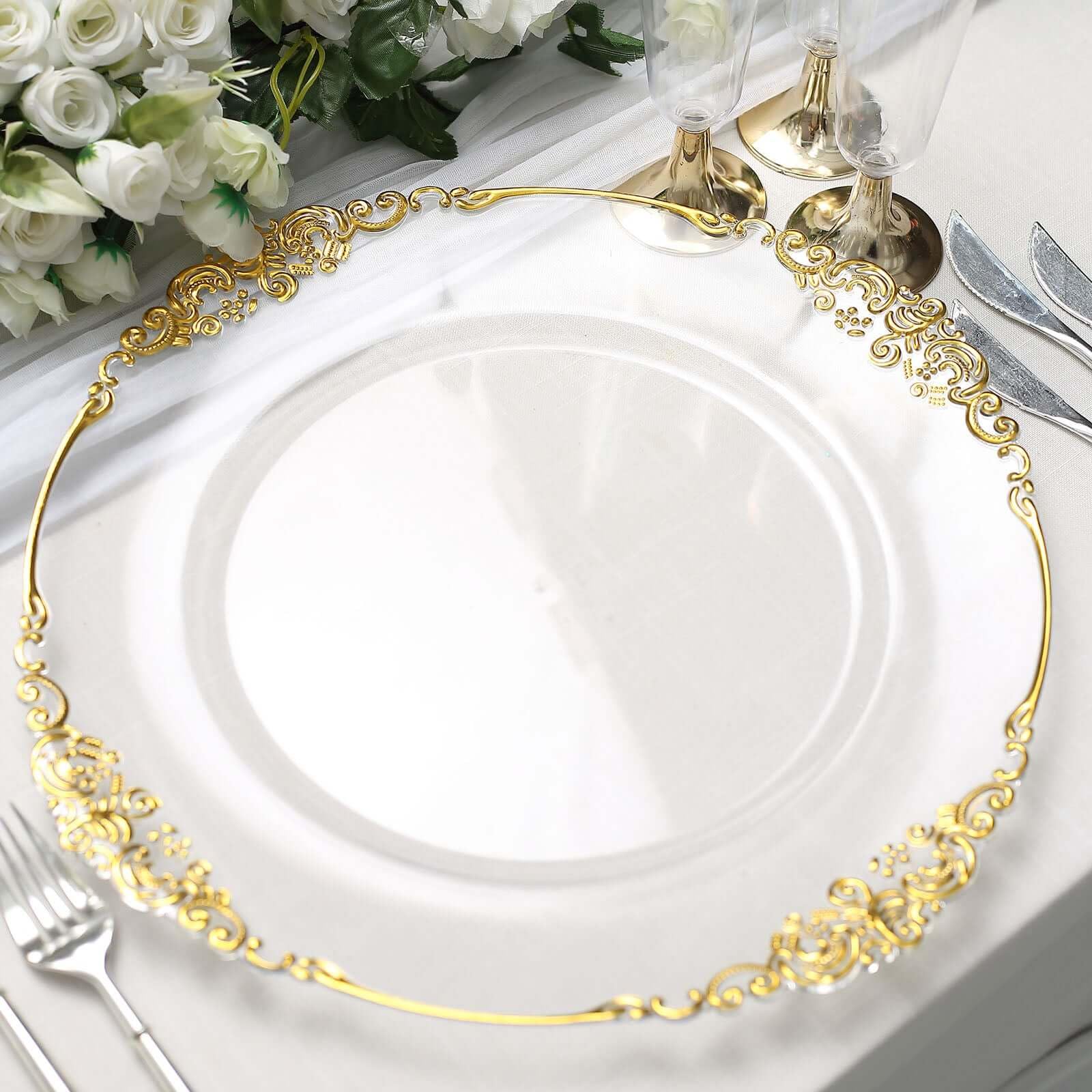 Tableclothsfactory 6 Pack Clear Gold 13" Round Baroque Charger Plates Leaf Embossed Rim for Tabletop Decor Catering Event Decoration - Image 6